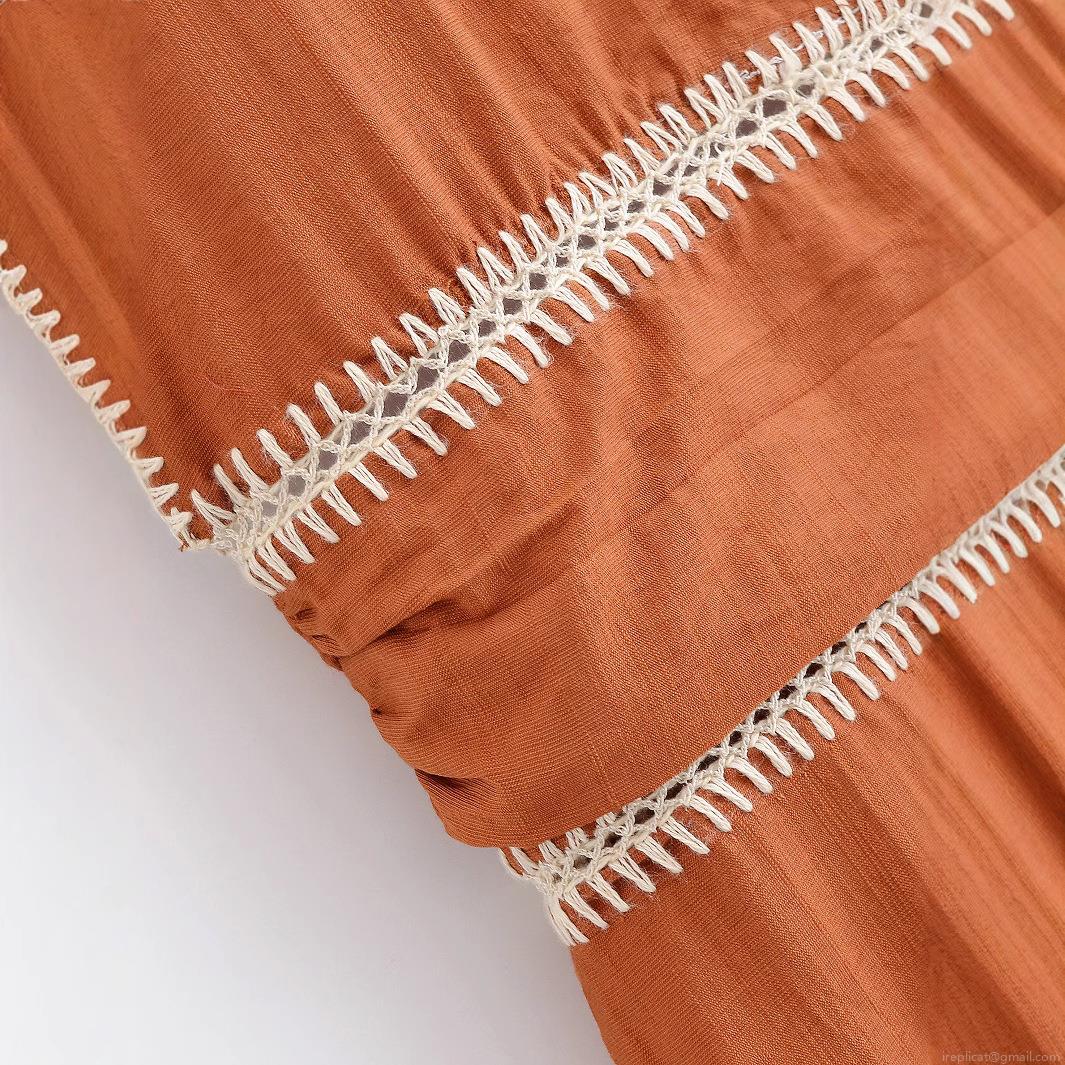 Women\'s Summer Halter Neck Backless Midi Dress With Embroidery V-Neck Slit Polyester Caramel Rust Red Street Style Dress