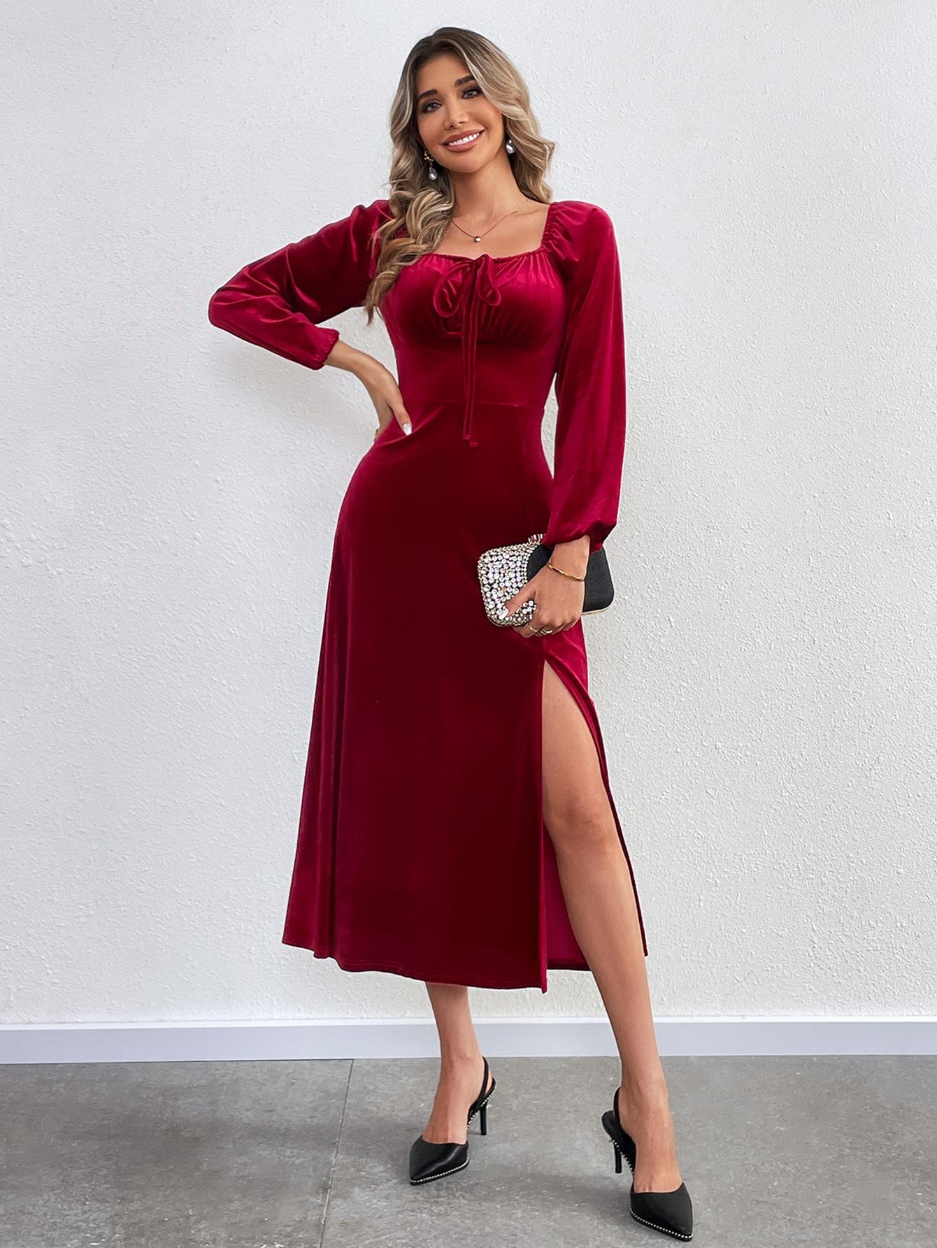 Sexy Velvet Square Neck Long Sleeve High Split Midi Dress With Tie Front Elegant Bodycon Party Evening Dress For Women Solid Color Slim Fit A-Line Dress Sexy Velvet Square Neck Long Sleeve High Split Midi Dress With Tie Front Elegant Bodycon Party Evening Dress For Women Solid Color Slim Fit A-Line Dress