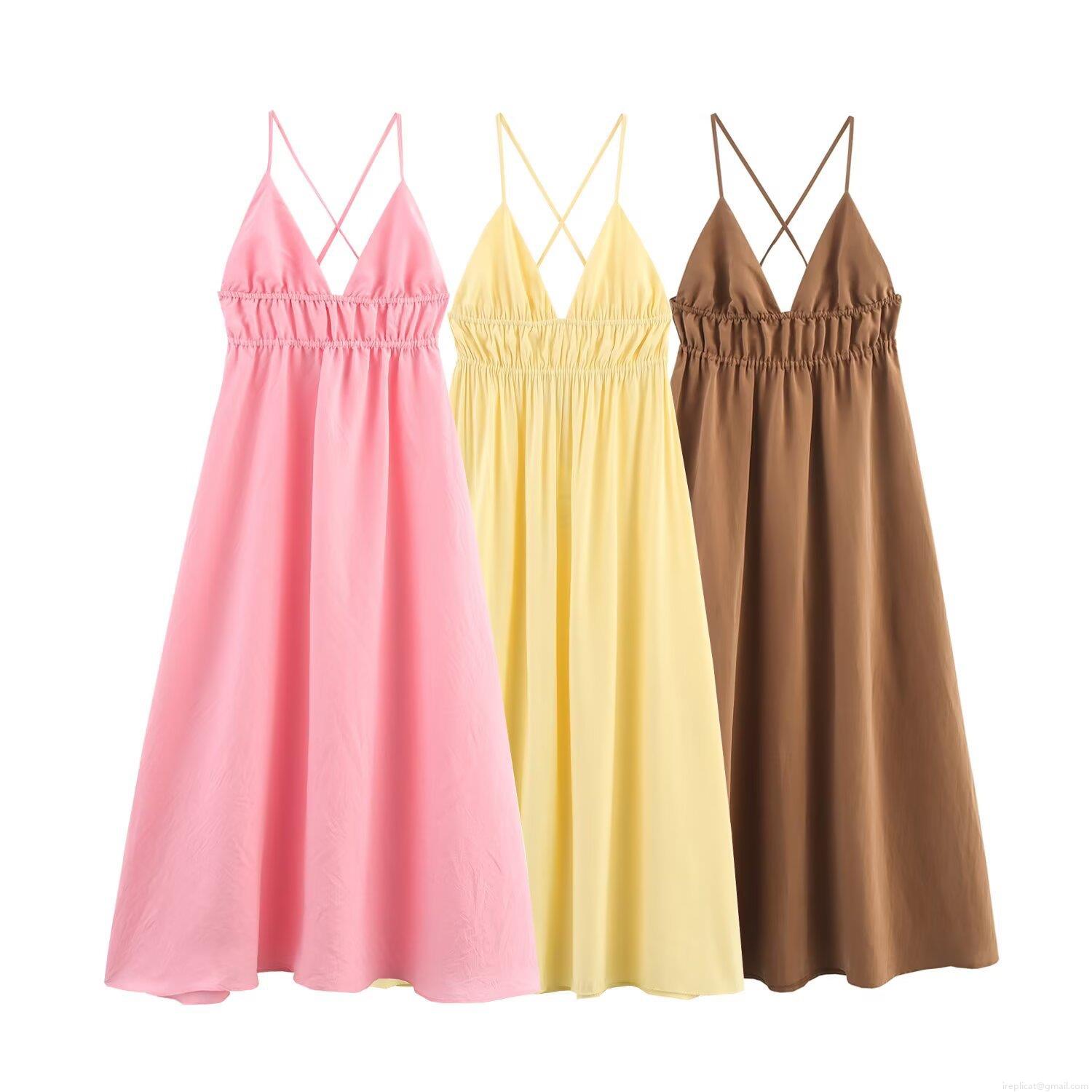 Women's V-Neck Backless Cami Dress Sexy Cross Back Spaghetti Strap Midi Dress High Waist Pleated A-Line Solid Color Polyester Sundress for Vacation Party Women's V-Neck Backless Cami Dress Sexy Cross Back Spaghetti Strap Midi Dress High Waist Pleated A-Line Solid Color Polyester Sundress for Vacation Party