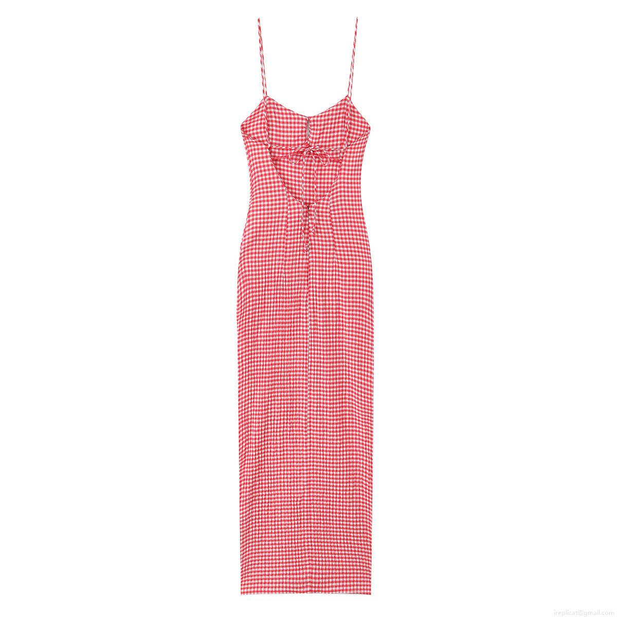 Women\'s Vintage Gingham Cami Midi Dress Cotton Blend Lace Up Backless Split A-Line Sundress For Summer Vacation Beach Streetwear Sexy V-Neck Gown