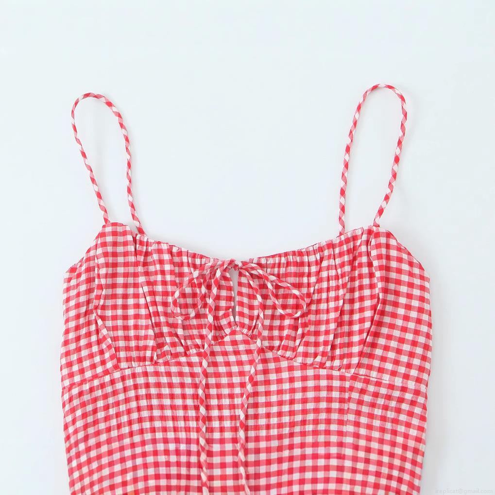 Women\'s Vintage Gingham Cami Midi Dress Cotton Blend Lace Up Backless Split A-Line Sundress For Summer Vacation Beach Streetwear Sexy V-Neck Gown