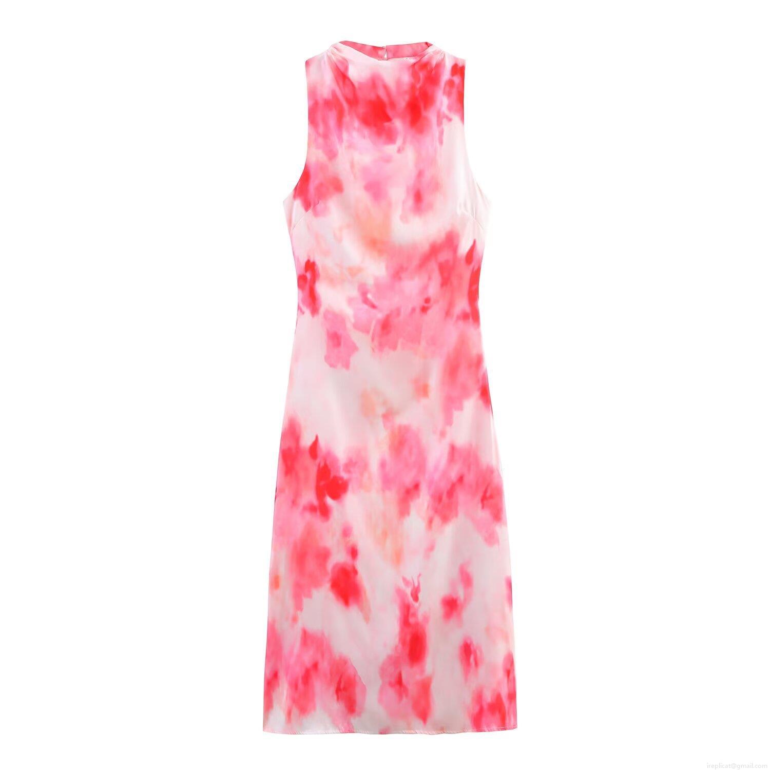 Women's Tie-Dye Satin Texture Sleeveless Midi Dress Elegant Round Neck Backless Party Streetwear Summer Dresses For Women Women's Tie-Dye Satin Texture Sleeveless Midi Dress Elegant Round Neck Backless Party Streetwear Summer Dresses For Women