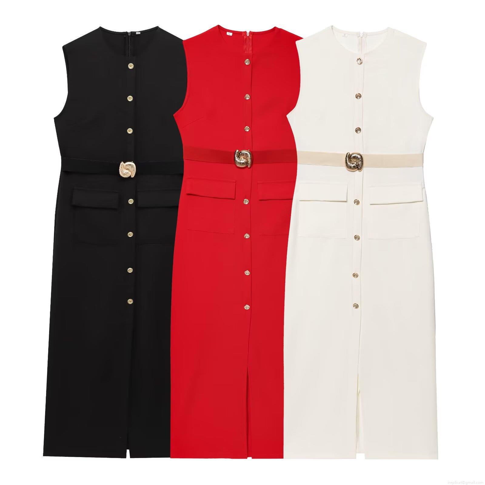 Elegant Sleeveless Round Neck Midi Dress For Women With Gold Buttons And Matching Belt Solid Color Polyester Bodycon Dress For Party Office Streetwear Elegant Sleeveless Round Neck Midi Dress For Women With Gold Buttons And Matching Belt Solid Color Polyester Bodycon Dress For Party Office Streetwear