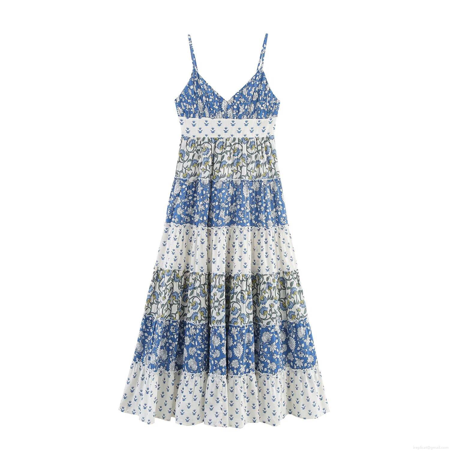 Women's Summer Floral Patchwork Cami Dress Backless V-Neck Tiered Midi Dress Polyester Cotton Blend Ethnic Sleeveless Sun Dress for Beach Vacation