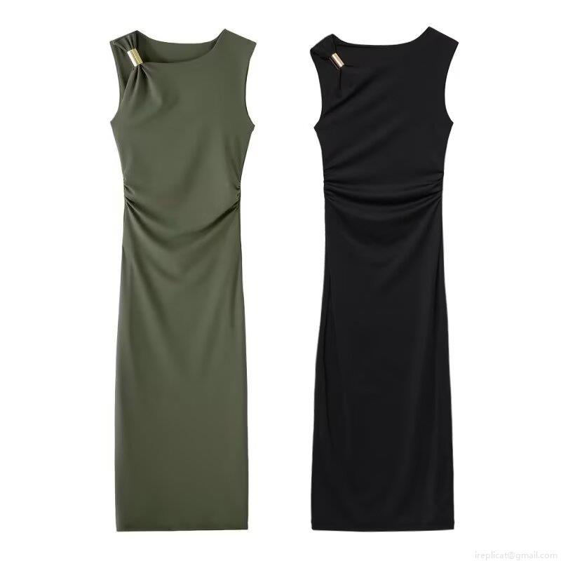 Women's Sleeveless Ruched Bodycon Midi Dress With Metal Ring Decoration Elegant Solid Color Polyester Evening Party Dress For Ladies Sexy Streetwear Style Summer Dress Women's Sleeveless Ruched Bodycon Midi Dress With Metal Ring Decoration Elegant Solid Color Polyester Evening Party Dress For Ladies Sexy Streetwear Style Summer Dress