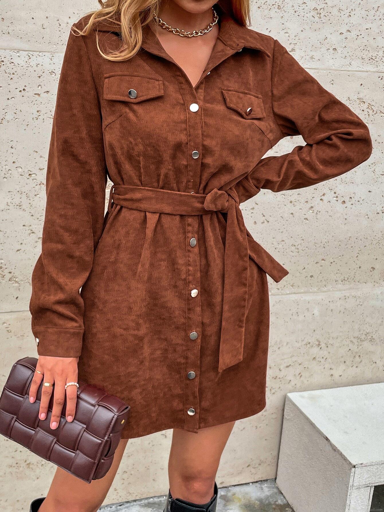 Women\'s Casual Corduroy Shirt Dress Long Sleeve Button Down Midi Dress With Belt And Pockets Solid Color Retro Streetwear Autumn Winter Polyester Dresses