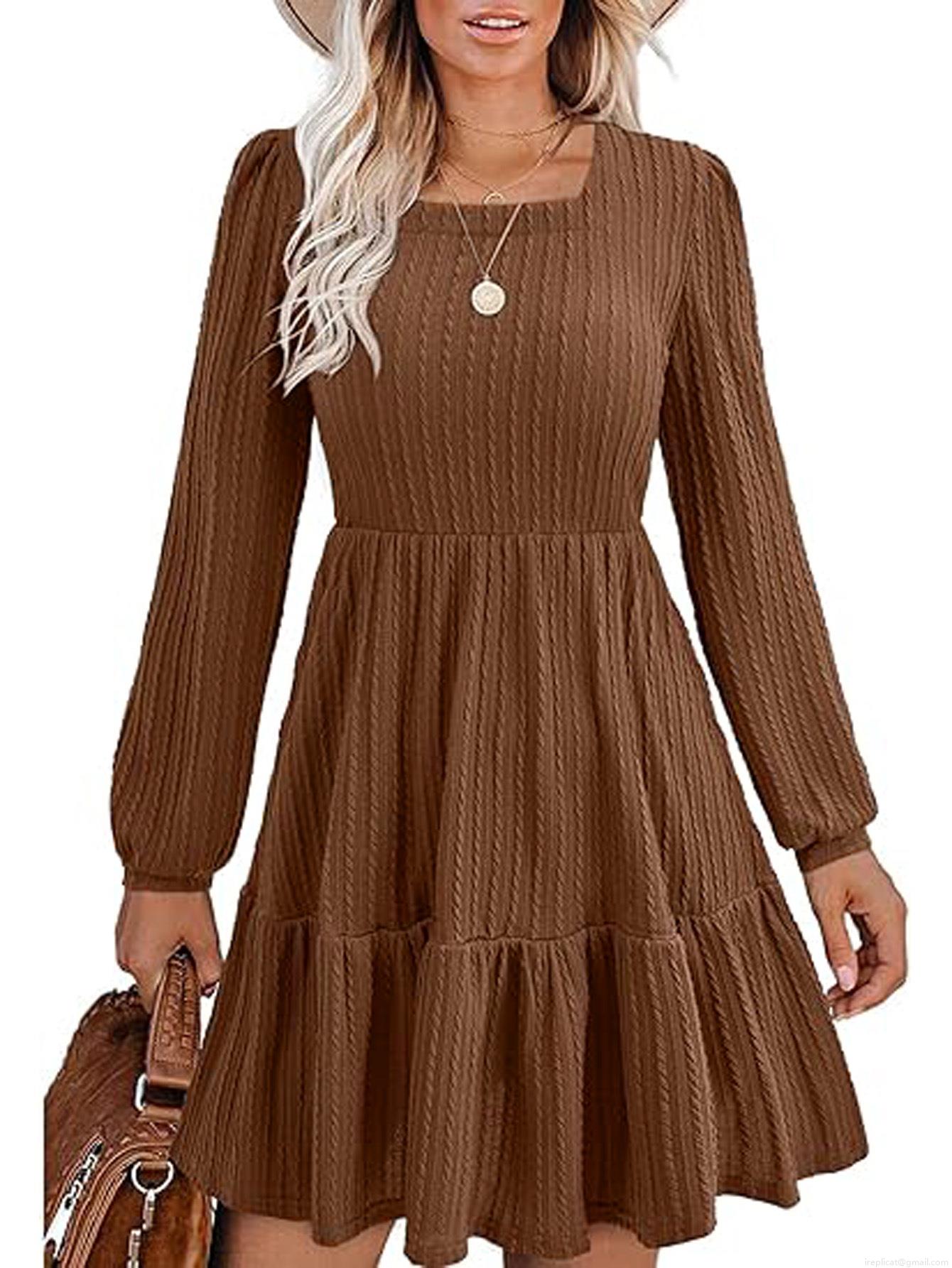 Women's Elegant Square Neck Long Sleeve Knit Midi Dress Autumn Winter Solid Brown Tiered Pleated A-Line Sweater Dress For Commuting Office Ladies Women's Elegant Square Neck Long Sleeve Knit Midi Dress Autumn Winter Solid Brown Tiered Pleated A-Line Sweater Dress For Commuting Office Ladies