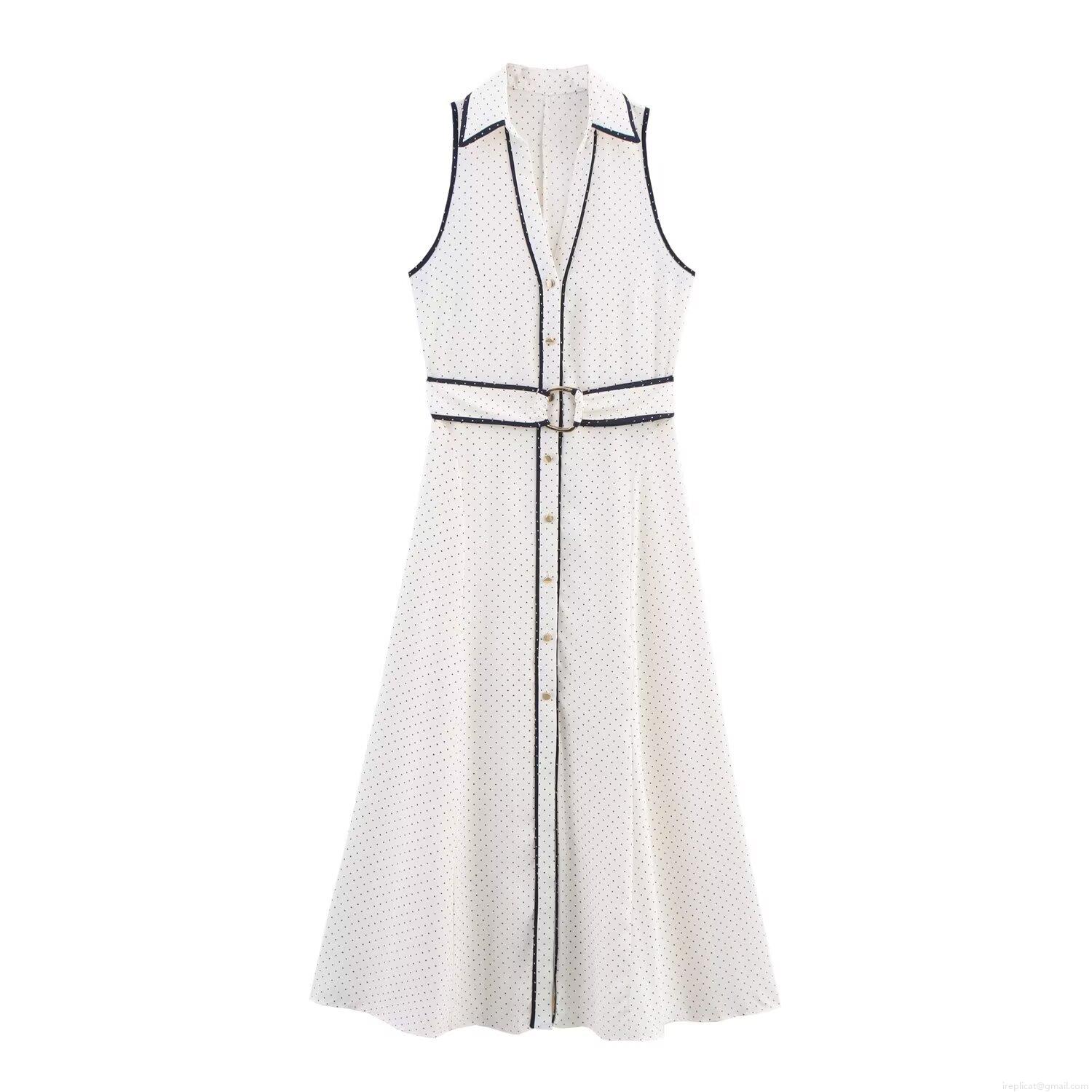 Women's Retro Polka Dot Sleeveless Shirt Dress With Belt Elegant V-Neck Single Breasted Midi Dress For Summer Street Style Women's Retro Polka Dot Sleeveless Shirt Dress With Belt Elegant V-Neck Single Breasted Midi Dress For Summer Street Style