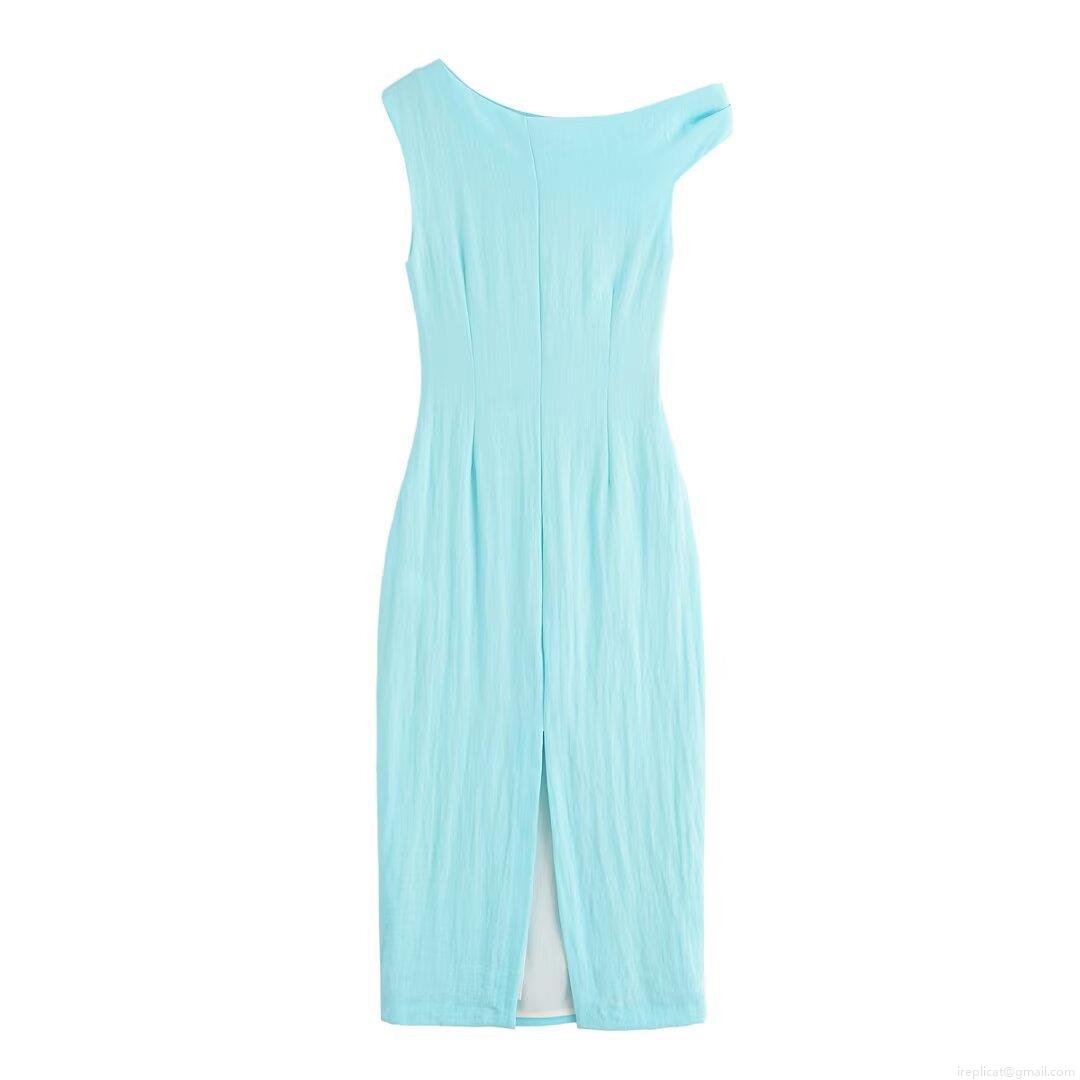 Women Asymmetric Slant Neck Midi Dress Metal Buckle Decor Ruched Pleated Side Slit Sexy Bodycon Polyester Dress For Party Vacation Street