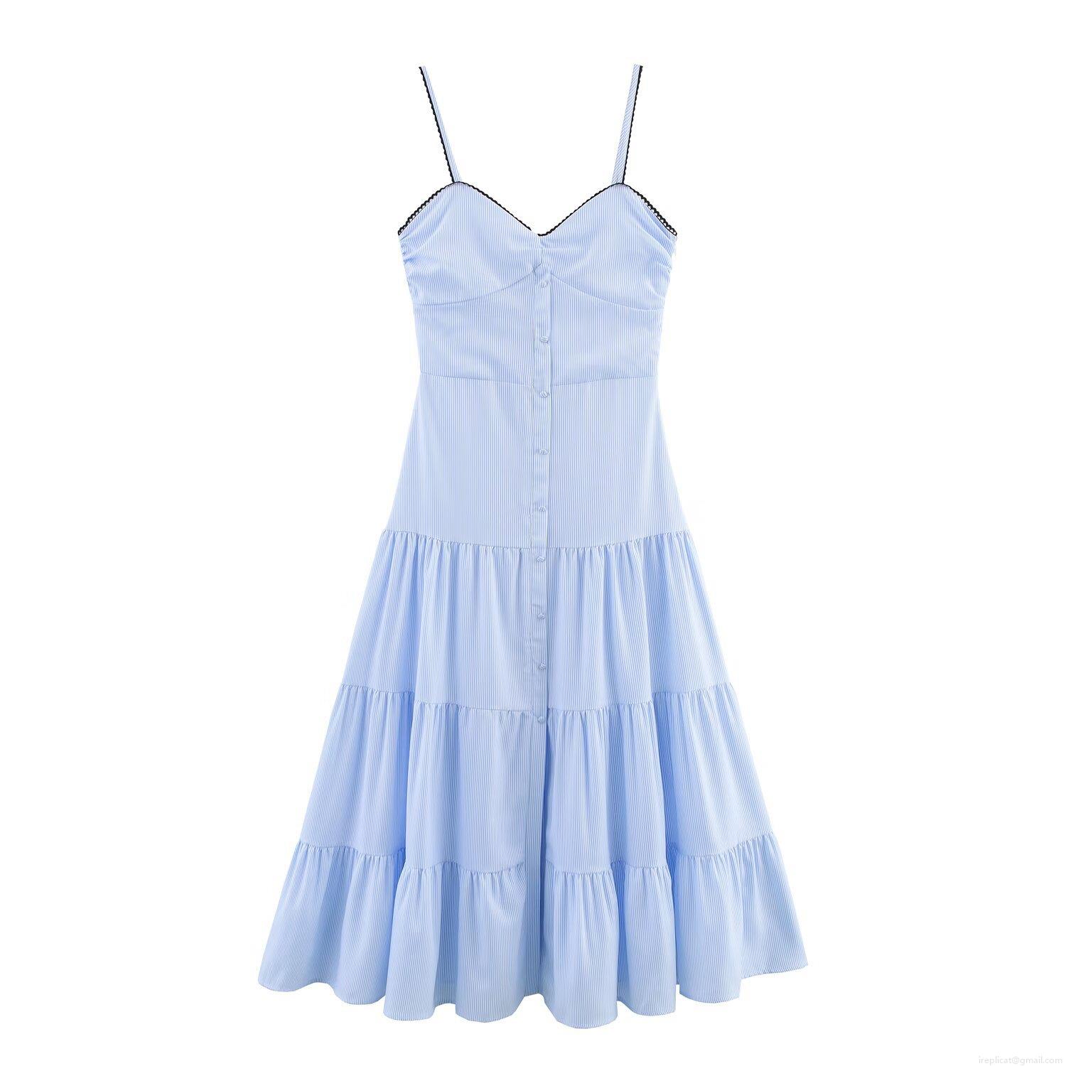 Women's Summer Light Blue Striped Cami Dress V Neck Black Lace Trim Tiered Layered Midi Dress Sleeveless Button Decoration Streetwear Vacation Polyester Sundress Women's Summer Light Blue Striped Cami Dress V Neck Black Lace Trim Tiered Layered Midi Dress Sleeveless Button Decoration Streetwear Vacation Polyester Sundress