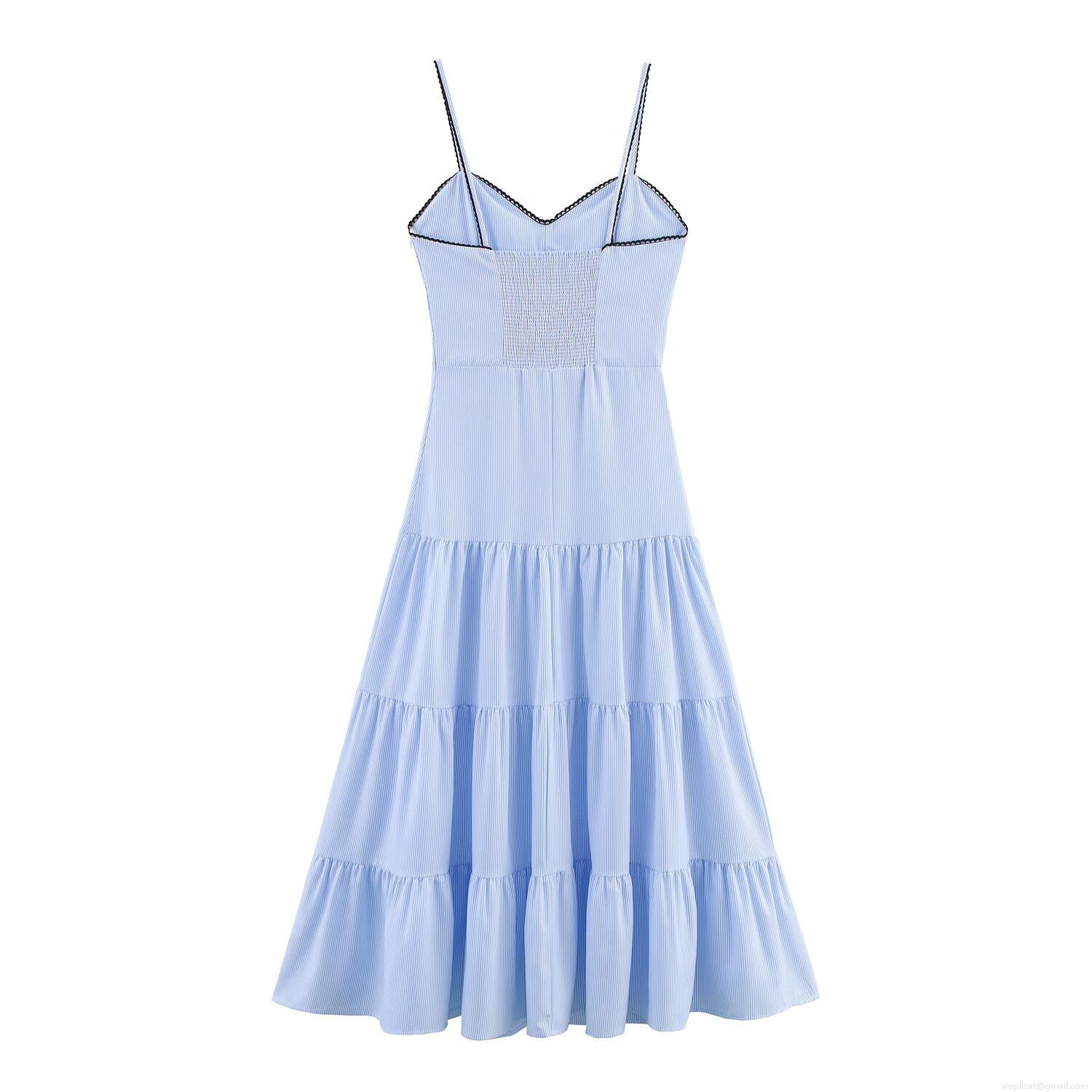 Women\'s Summer Light Blue Striped Cami Dress V Neck Black Lace Trim Tiered Layered Midi Dress Sleeveless Button Decoration Streetwear Vacation Polyester Sundress