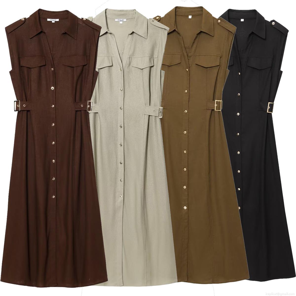 Women's Sleeveless Shirt Dress Utility Cargo Style Lapel Button Down Midi A-Line Dress With Belt Pockets Polyester Cotton Linen Blend Casual Summer Streetwear Women's Sleeveless Shirt Dress Utility Cargo Style Lapel Button Down Midi A-Line Dress With Belt Pockets Polyester Cotton Linen Blend Casual Summer Streetwear