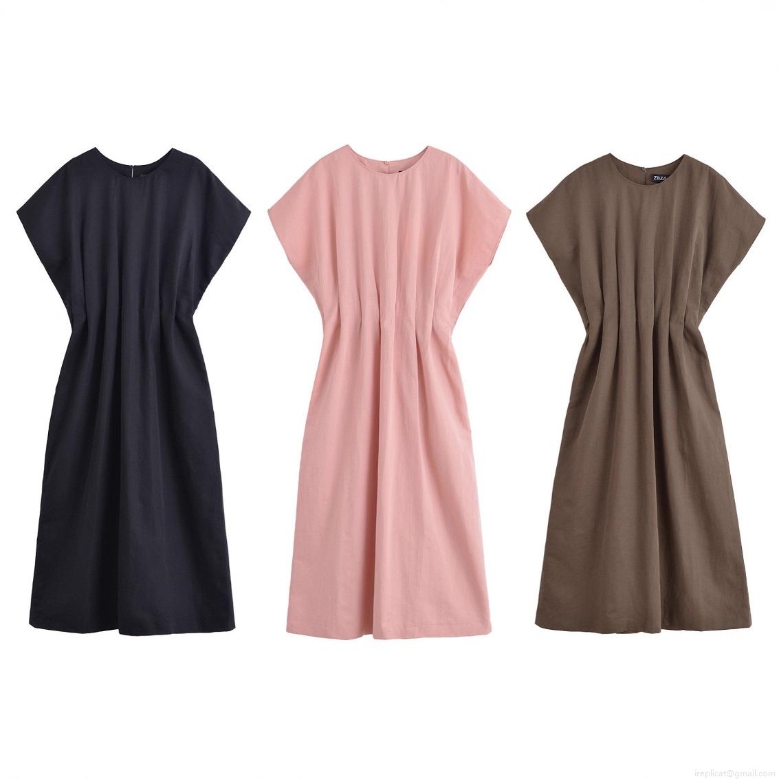 Women Round Neck Sleeveless Pleated Waist Midi Dress Polyester Linen-like Fabric Solid Color Summer Street Style Casual Fashion Elegant Evening Party Dresses For Lady Women Round Neck Sleeveless Pleated Waist Midi Dress Polyester Linen-like Fabric Solid Color Summer Street Style Casual Fashion Elegant Evening Party Dresses For Lady