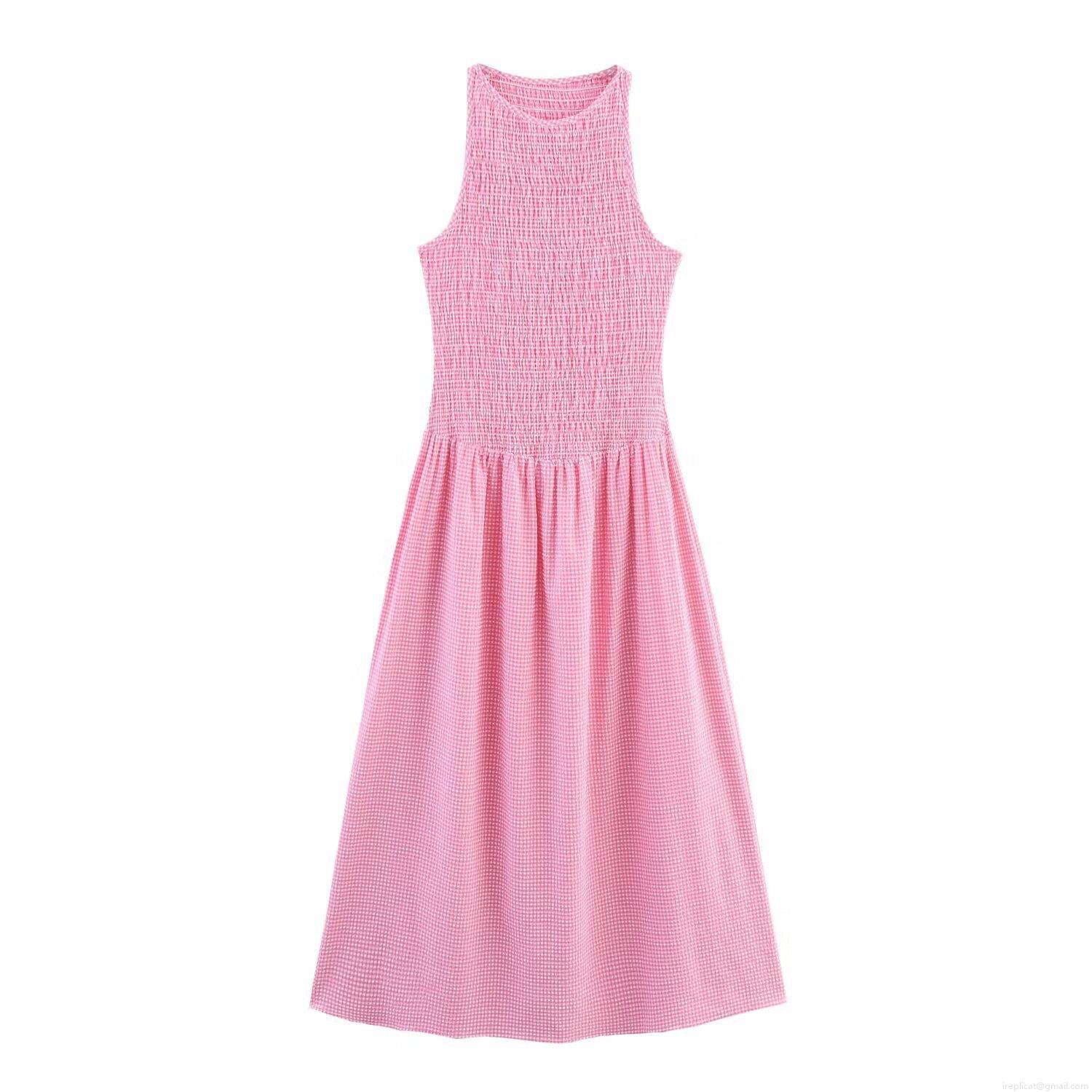 Women's Summer Gingham Midi Dress Sleeveless Round Neck Smocking Waist Casual Vacation Street Style A-Line Linen Blend Pink White Plaid Dress Women's Summer Gingham Midi Dress Sleeveless Round Neck Smocking Waist Casual Vacation Street Style A-Line Linen Blend Pink White Plaid Dress