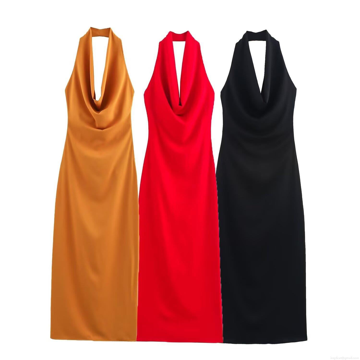 Women's Sexy Halter Backless Satin Midi Dress Cowl Neck Pleated Solid Color Party Evening A-Line Dress Sleeveless Summer Elegant Streetwear Dress Women's Sexy Halter Backless Satin Midi Dress Cowl Neck Pleated Solid Color Party Evening A-Line Dress Sleeveless Summer Elegant Streetwear Dress