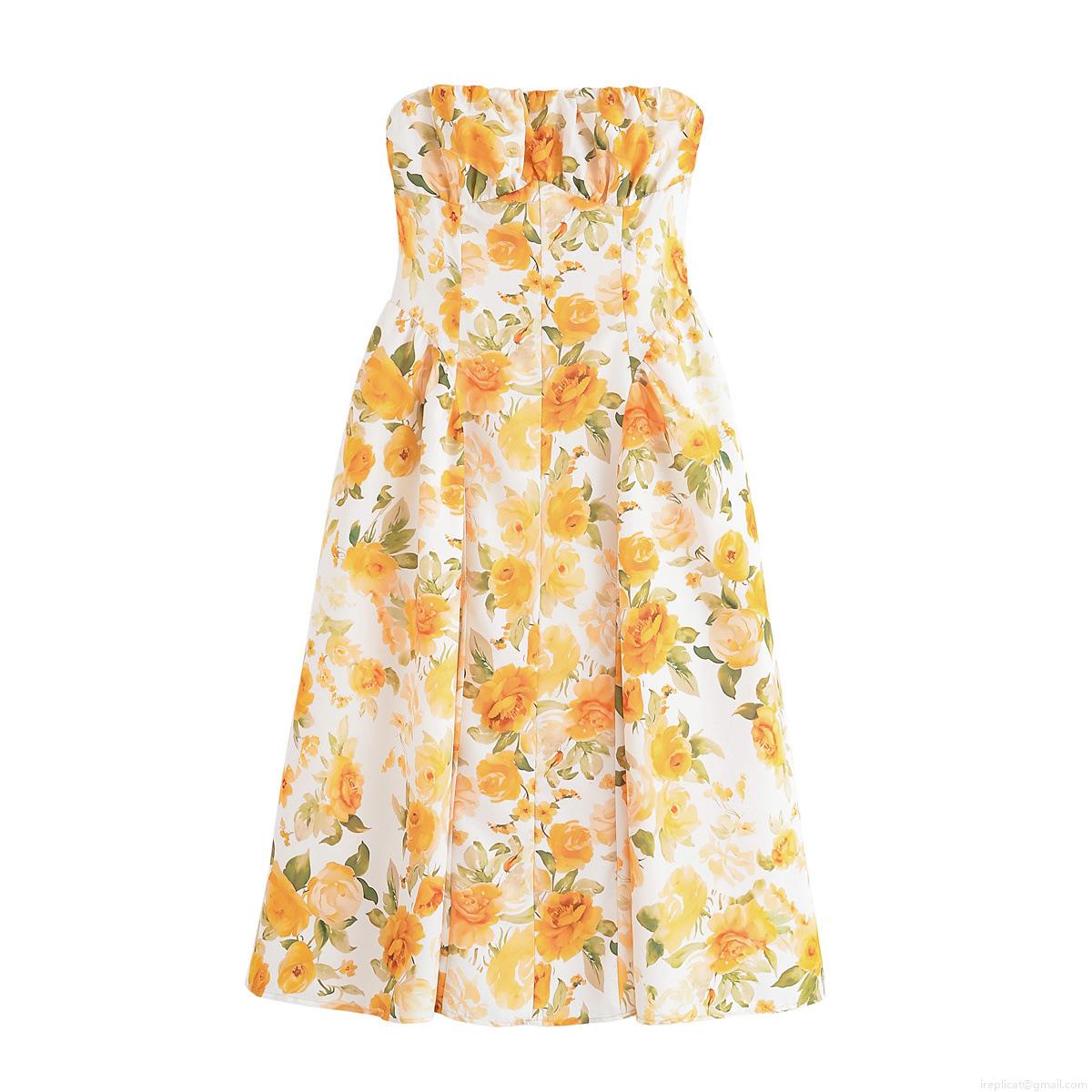 Women's Polyester Strapless Rose Floral Print Midi Dress Smocked Back A-Line Slim Fit Sleeveless Sun Dress For Vacation Party Summer Women's Polyester Strapless Rose Floral Print Midi Dress Smocked Back A-Line Slim Fit Sleeveless Sun Dress For Vacation Party Summer