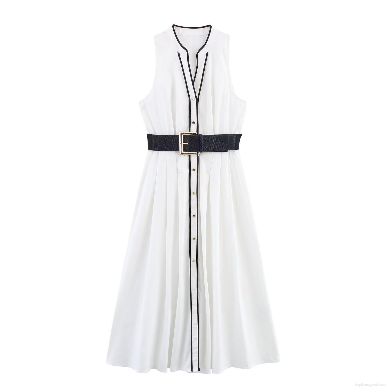Women's Contrast Trim Sleeveless Belted Midi Dress Polyester Single Breasted V Neck Long Vest Dress Summer Street Style Elegant Party Lady Casual Outfits Women's Contrast Trim Sleeveless Belted Midi Dress Polyester Single Breasted V Neck Long Vest Dress Summer Street Style Elegant Party Lady Casual Outfits