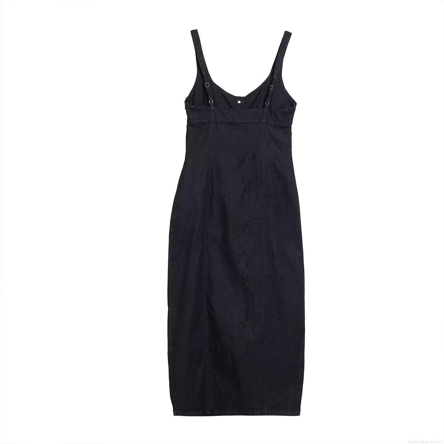 Women Sexy Black Denim Suspender Dress Square Neck Single Breasted Button Front Sleeveless Slim Fit Midi Length Jean Sundress Streetwear Casual Summer Outfits