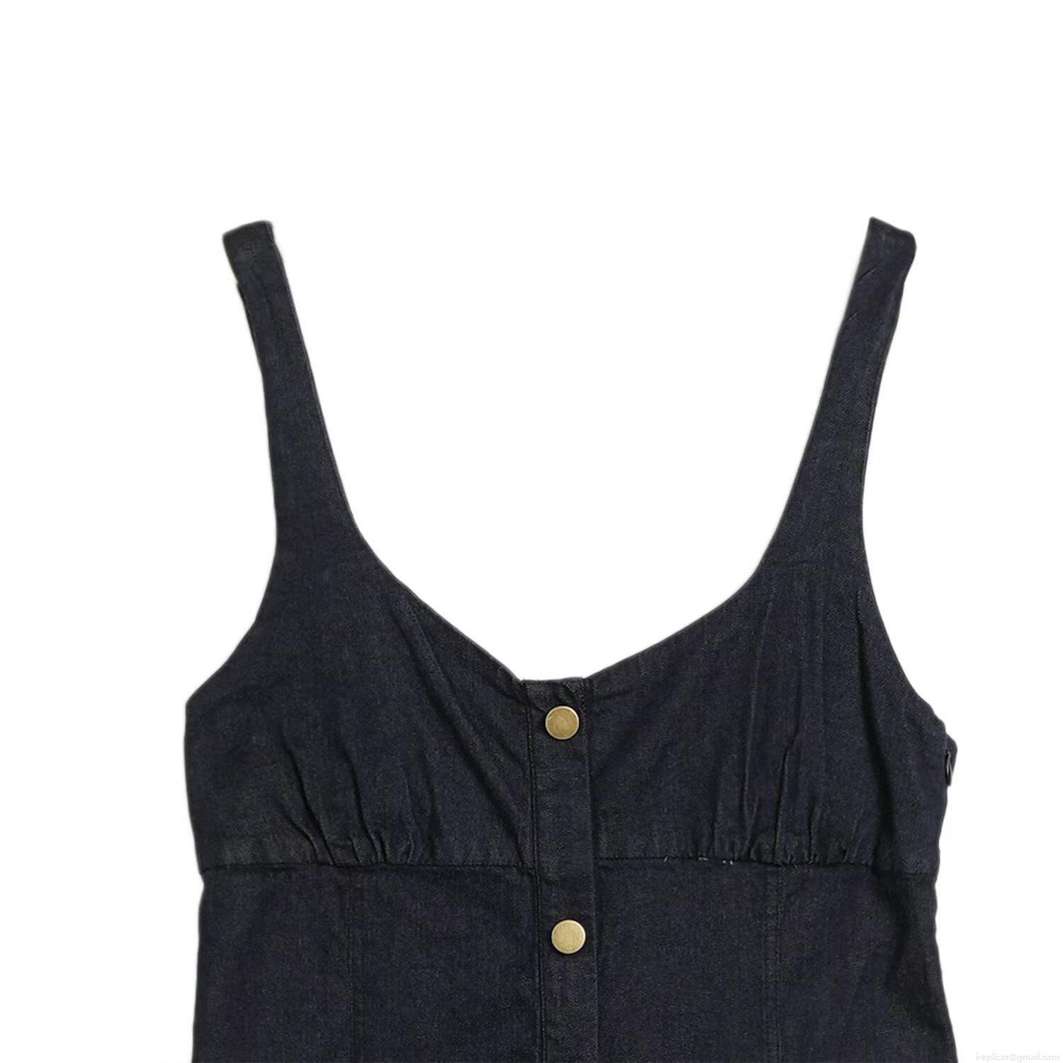 Women Sexy Black Denim Suspender Dress Square Neck Single Breasted Button Front Sleeveless Slim Fit Midi Length Jean Sundress Streetwear Casual Summer Outfits