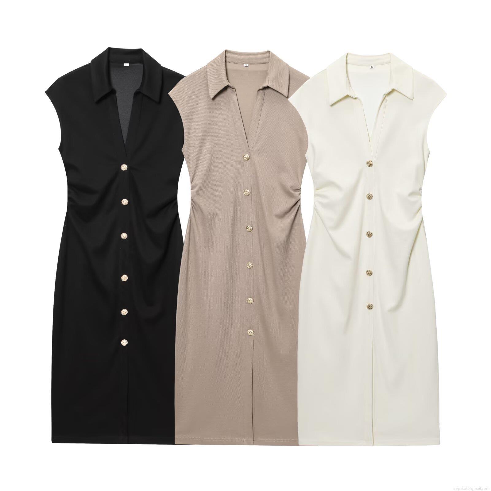 Women Sleeveless Polo Collar Dress Polyester Gold Button Side Ruching Bodycon Midi Dress Urban Office Streetwear Summer Casual Elegant Vestido Women Sleeveless Polo Collar Dress Polyester Gold Button Side Ruching Bodycon Midi Dress Urban Office Streetwear Summer Casual Elegant Vestido