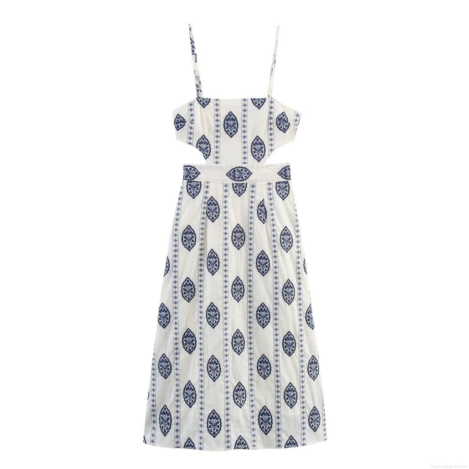 Bohemian Blue Embroidered Camisole Dress Women Summer Waist Hollow Out Cotton Blend V Neck Midi Dress For Vacation Beach Party