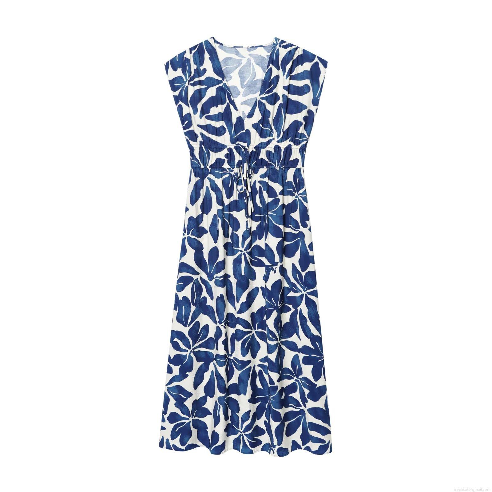 Women Summer V Neck Sleeveless Polyester Midi Dress Blue White Leaf Print Drawstring Waist Slim Fit Vacation Beach Sundress Western Style Casual Fashion Dress Women Summer V Neck Sleeveless Polyester Midi Dress Blue White Leaf Print Drawstring Waist Slim Fit Vacation Beach Sundress Western Style Casual Fashion Dress