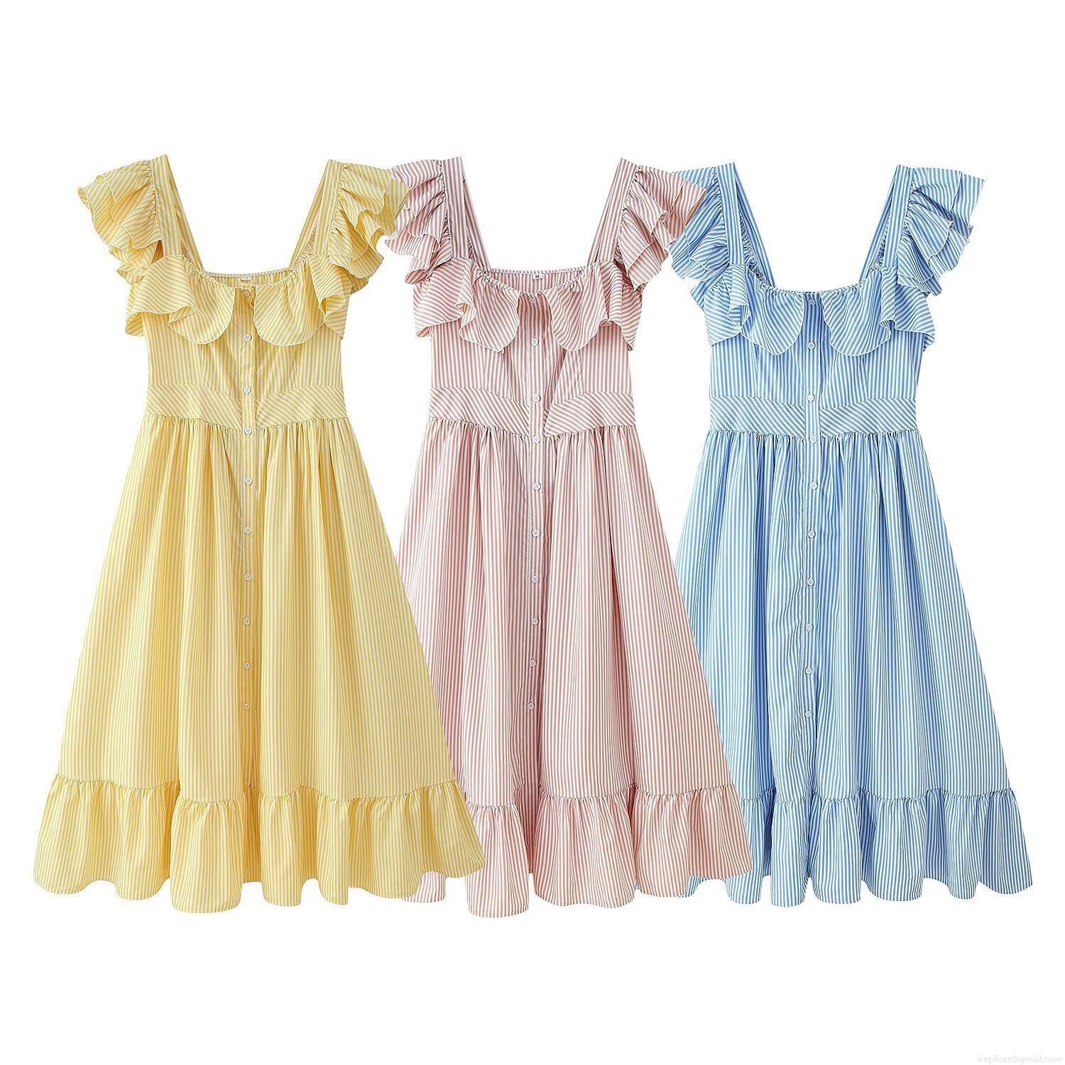 Women Summer Striped Sleeveless Midi Dress V Neck Ruffle Shoulder Button Front Slim Waist A Line Beach Sundress Women Summer Striped Sleeveless Midi Dress V Neck Ruffle Shoulder Button Front Slim Waist A Line Beach Sundress