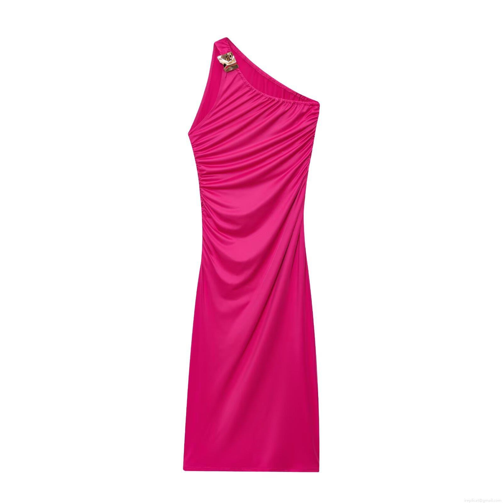 Women Sexy One Shoulder Ruched Midi Dress Polyester Metal Buckle Slim Fit Sleeveless A-Line Gown For Summer Party Evening Night Out Elegant Dress Women Sexy One Shoulder Ruched Midi Dress Polyester Metal Buckle Slim Fit Sleeveless A-Line Gown For Summer Party Evening Night Out Elegant Dress