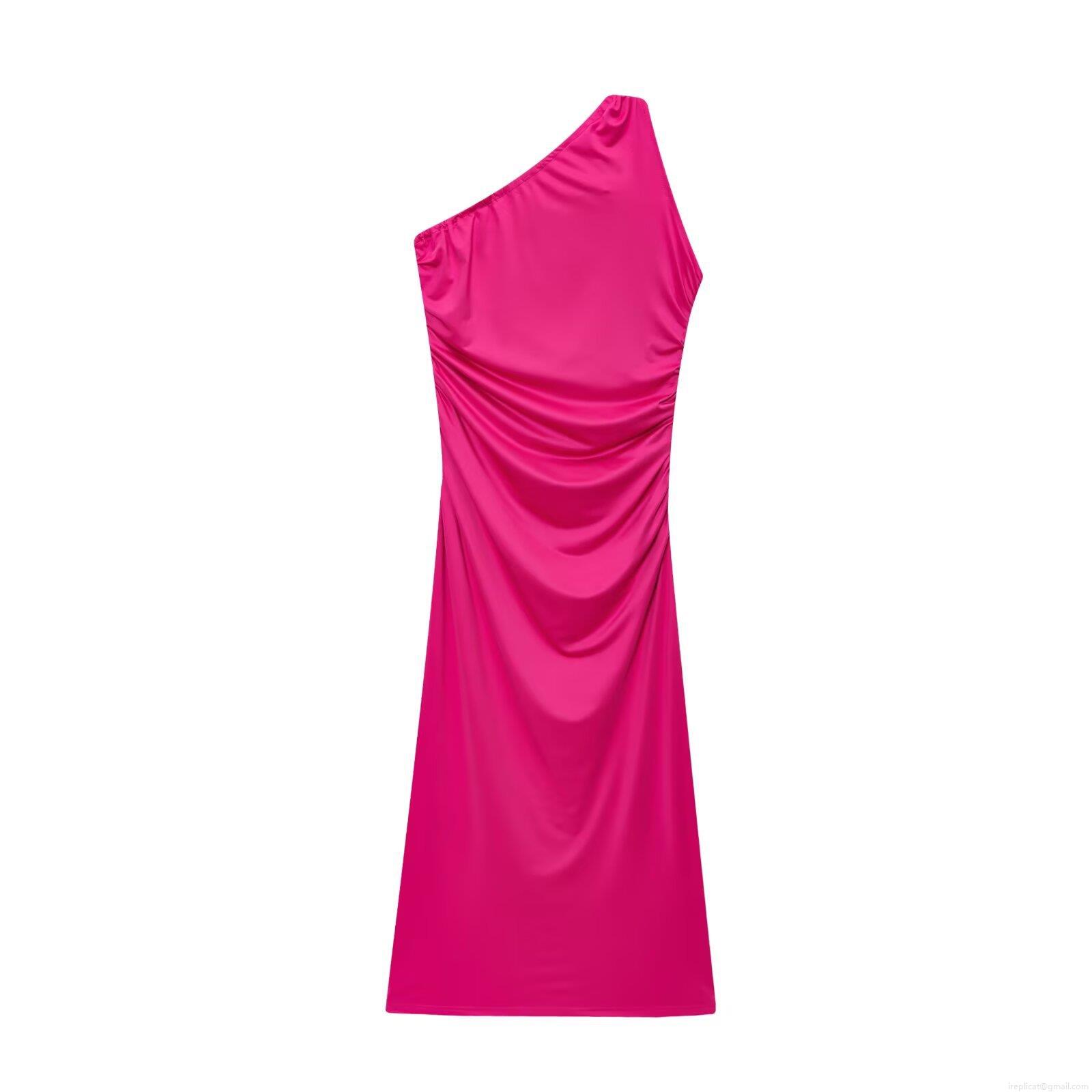 Women Sexy One Shoulder Ruched Midi Dress Polyester Metal Buckle Slim Fit Sleeveless A-Line Gown For Summer Party Evening Night Out Elegant Dress