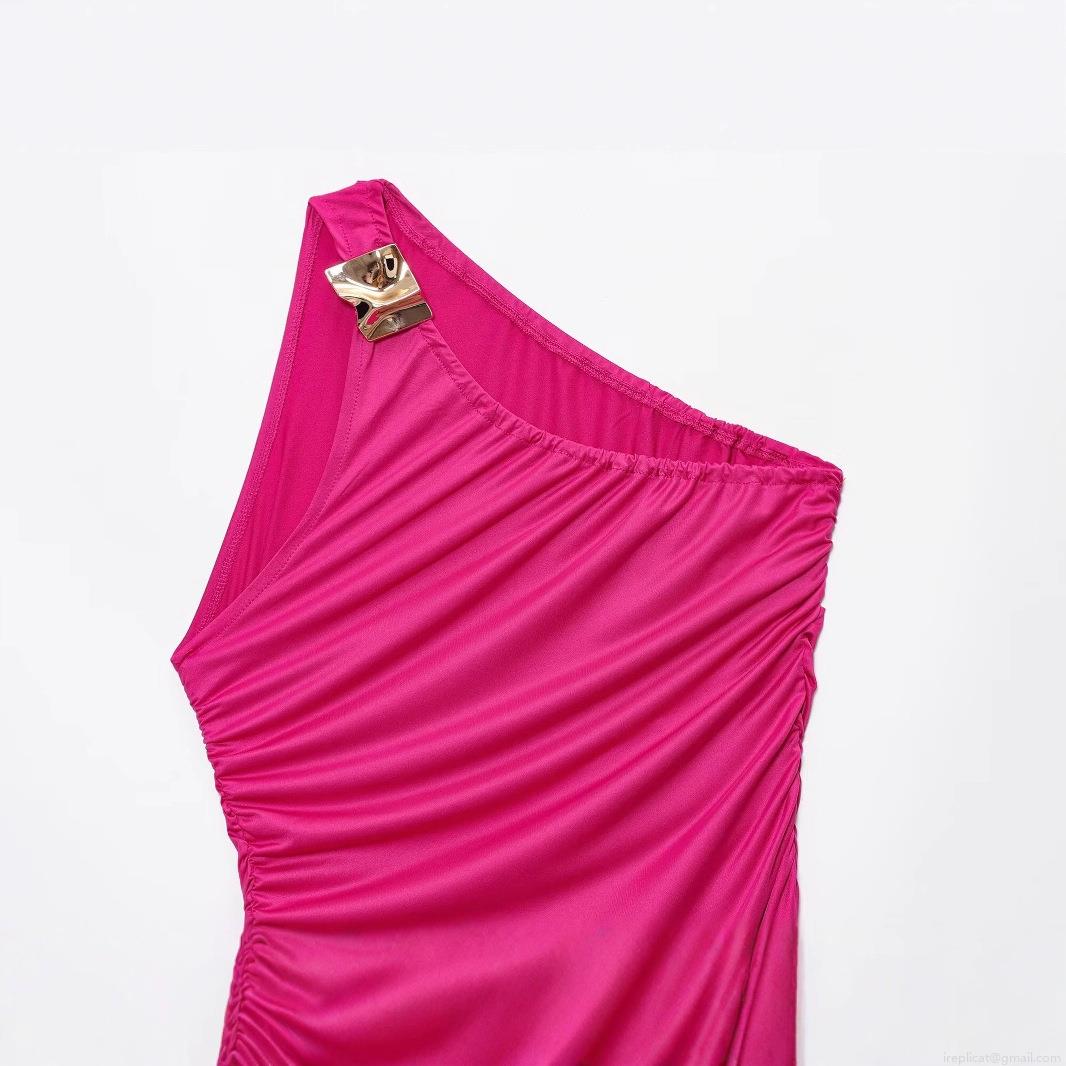 Women Sexy One Shoulder Ruched Midi Dress Polyester Metal Buckle Slim Fit Sleeveless A-Line Gown For Summer Party Evening Night Out Elegant Dress