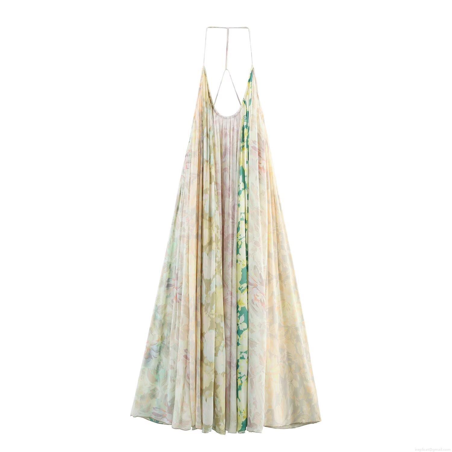 Women's Summer Floral Print Halter Midi Dress Backless Pleated Chiffon Patchwork Boho Sexy Sundress For Beach Party Vacation