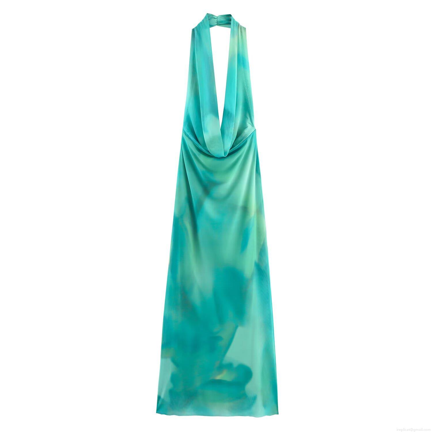 Women's Sexy Halter Backless Midi Dress Summer Beach Party Blue-green Gradient Print Polyester Mesh Dress Elegant Sleeveless Sundress For Women Women's Sexy Halter Backless Midi Dress Summer Beach Party Blue-green Gradient Print Polyester Mesh Dress Elegant Sleeveless Sundress For Women