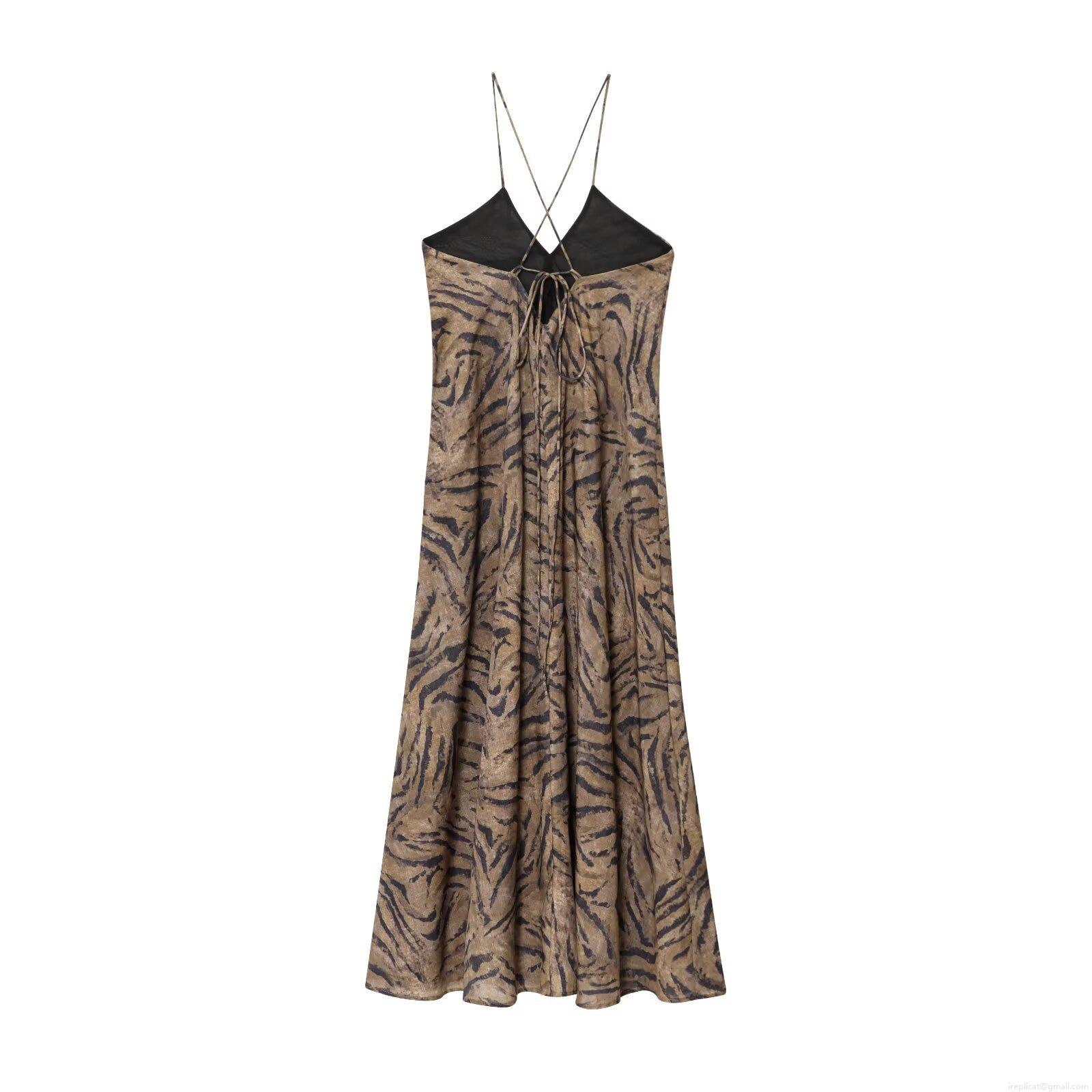 Women Summer Sexy Tiger Animal Print Sling Midi Dress Backless Lace-up V-Neck Mermaid Skirt Polyester Street Fashion Casual Party Outfits