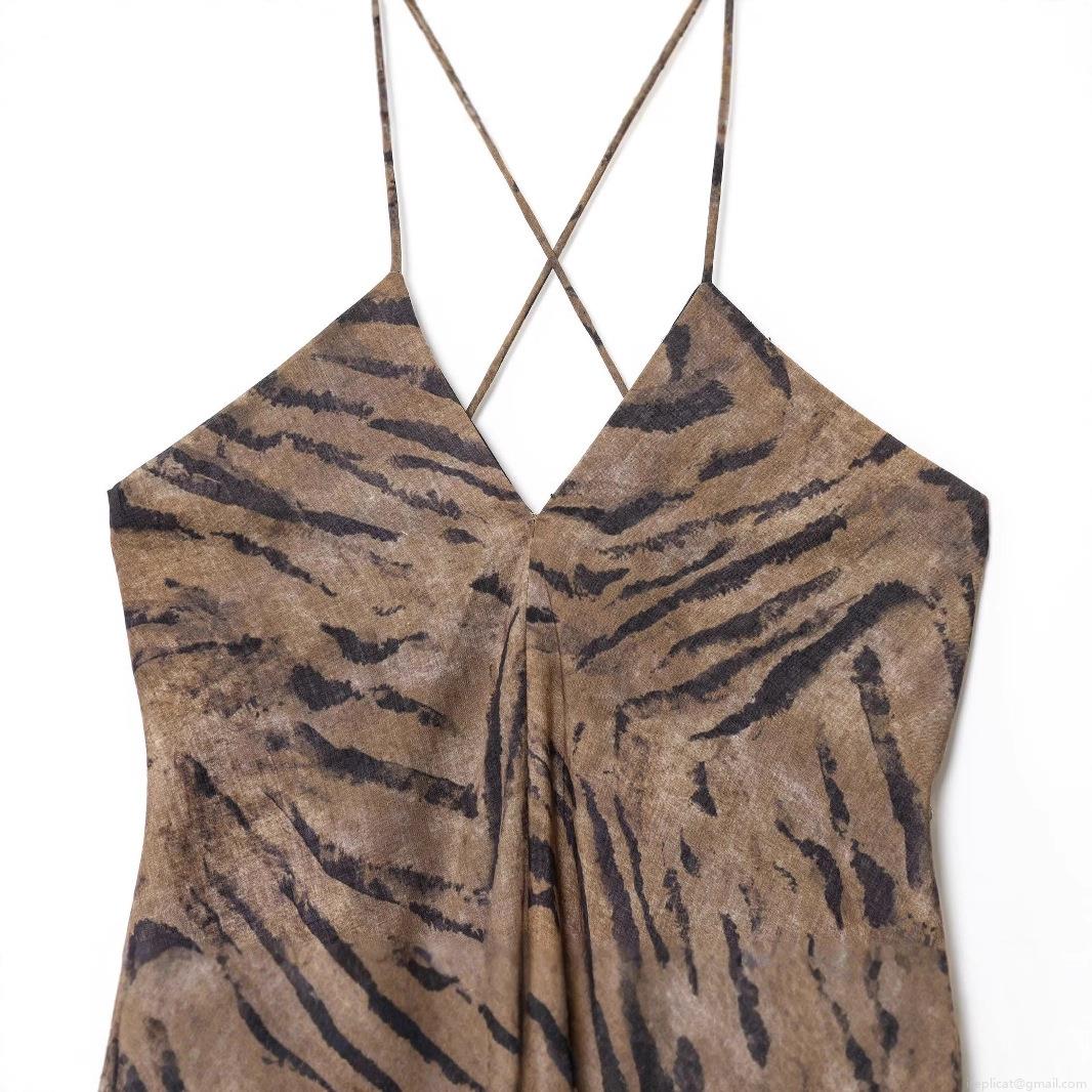 Women Summer Sexy Tiger Animal Print Sling Midi Dress Backless Lace-up V-Neck Mermaid Skirt Polyester Street Fashion Casual Party Outfits