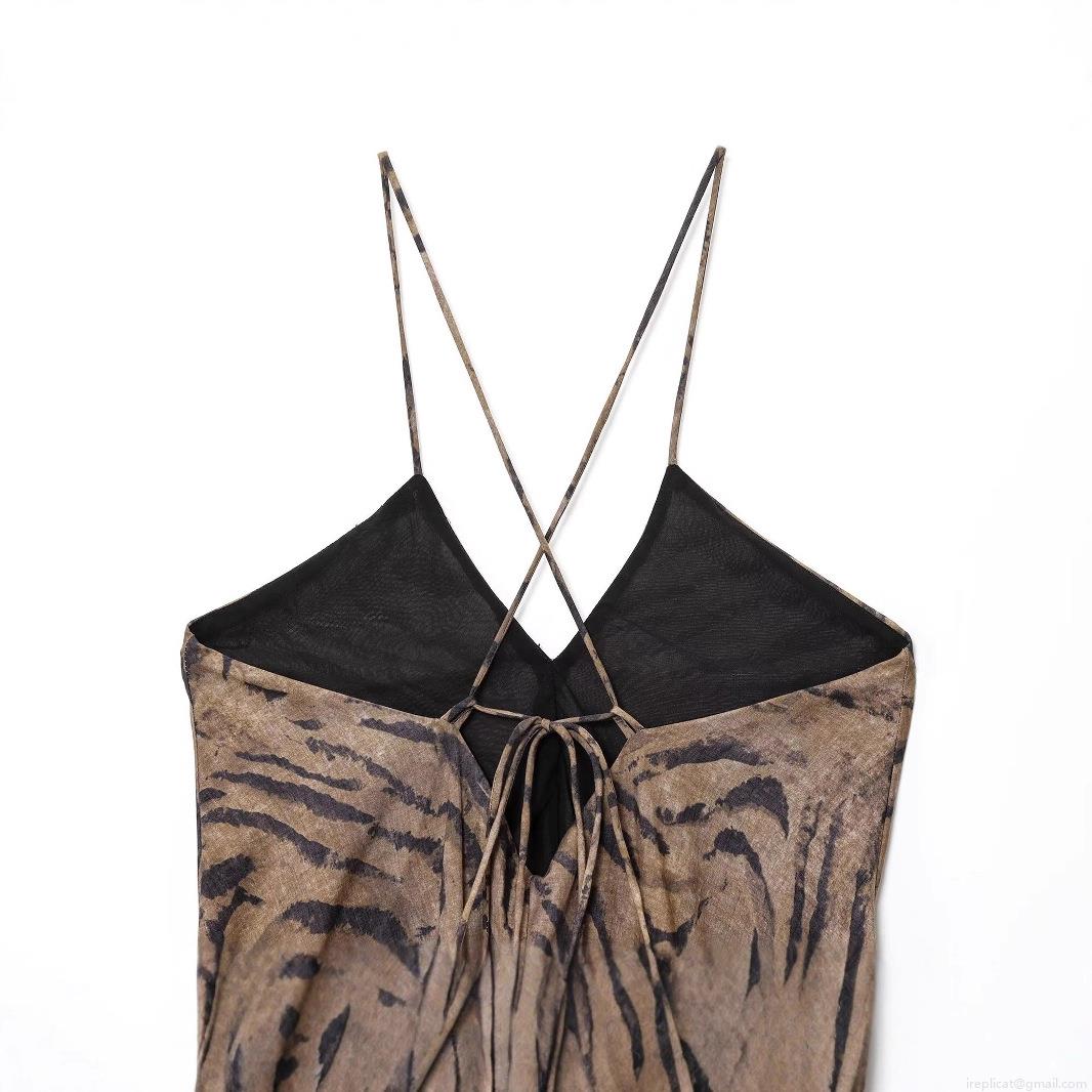 Women Summer Sexy Tiger Animal Print Sling Midi Dress Backless Lace-up V-Neck Mermaid Skirt Polyester Street Fashion Casual Party Outfits