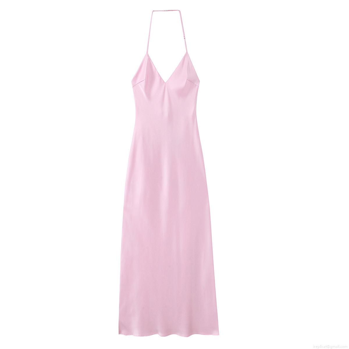 Women's Sexy Backless Halter Satin Midi Dress Crisscross Neck Sleeveless Solid Pink Silk Texture Summer Elegant Party Dress Women's Sexy Backless Halter Satin Midi Dress Crisscross Neck Sleeveless Solid Pink Silk Texture Summer Elegant Party Dress