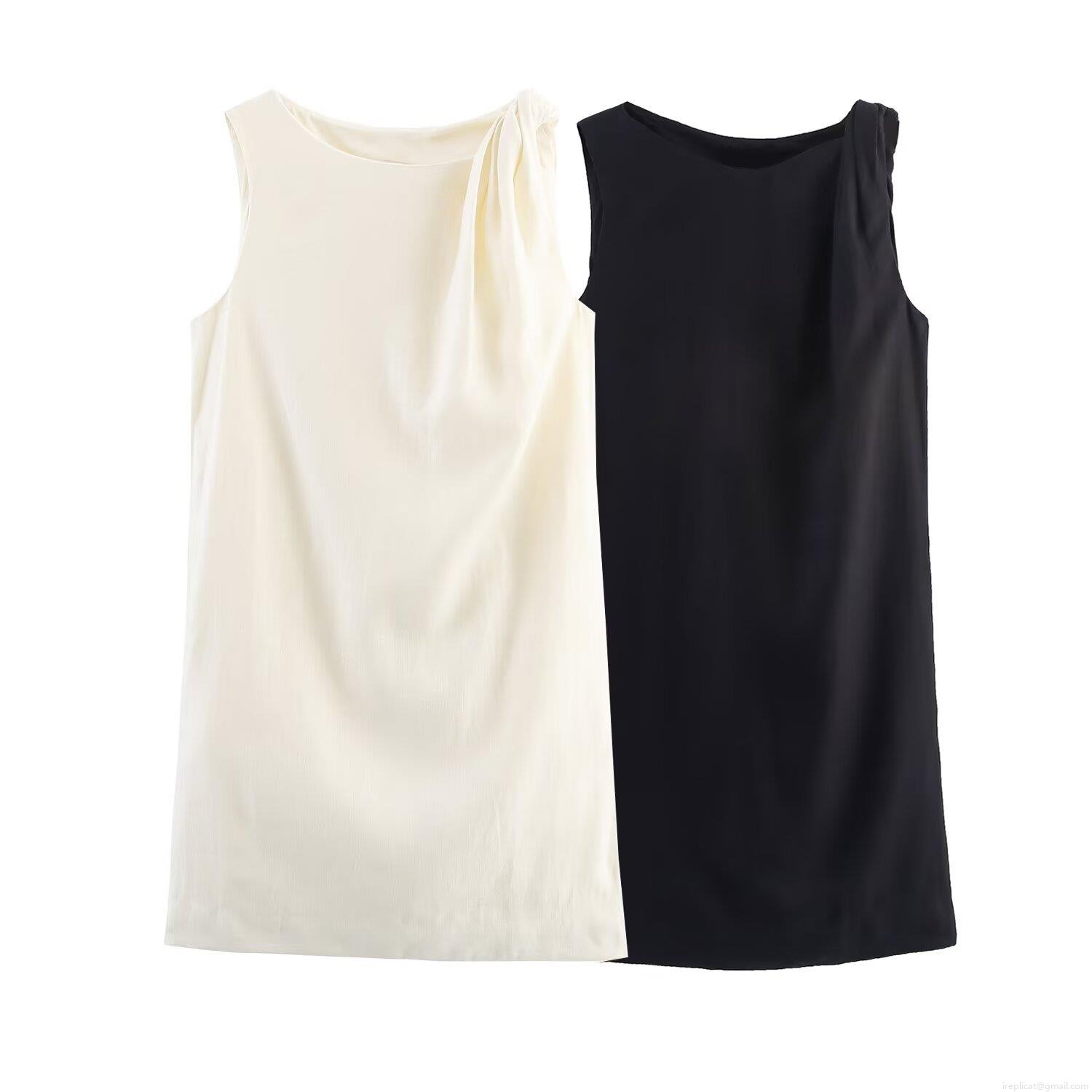 Women Summer Sleeveless Knotted Solid Color Natural Linen Dress Elegant Round Neck Midi Dress Minimalist Streetwear Casual Vacation Vestido