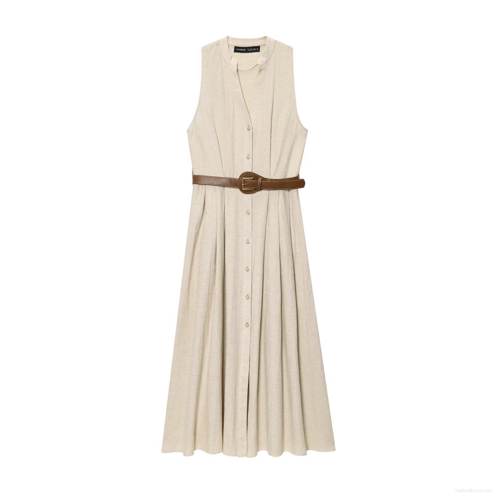 Women Elegant Sleeveless V-Neck Button Down Midi Dress With Belt Solid Color Polyester Cotton A-Line Summer Casual Streetwear Long Dress Women Elegant Sleeveless V-Neck Button Down Midi Dress With Belt Solid Color Polyester Cotton A-Line Summer Casual Streetwear Long Dress