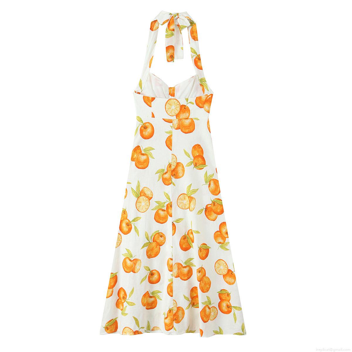 Women Summer Halter Neck Midi Dress Orange Citrus Fruit Print Polyester Backless Single Breasted Button Front Sundress For Vacation Party Streetwear Lady