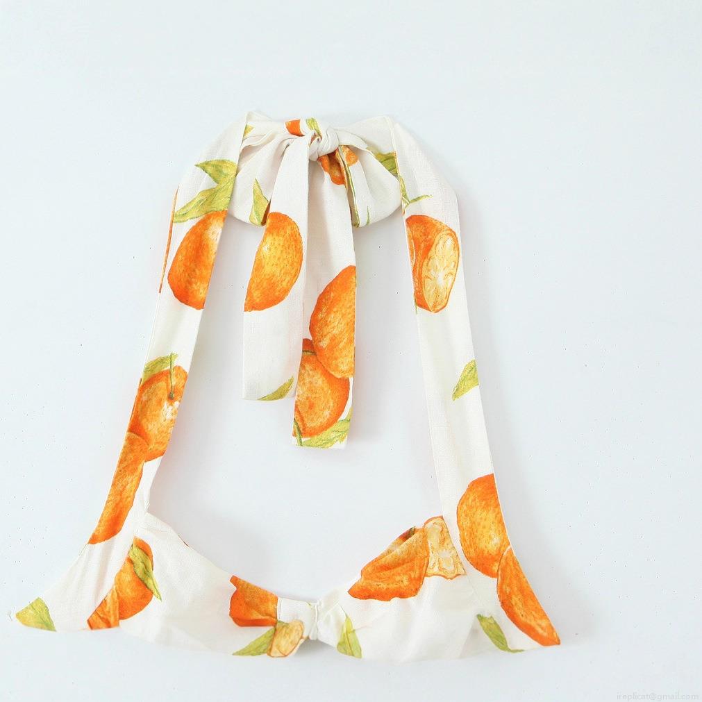 Women Summer Halter Neck Midi Dress Orange Citrus Fruit Print Polyester Backless Single Breasted Button Front Sundress For Vacation Party Streetwear Lady