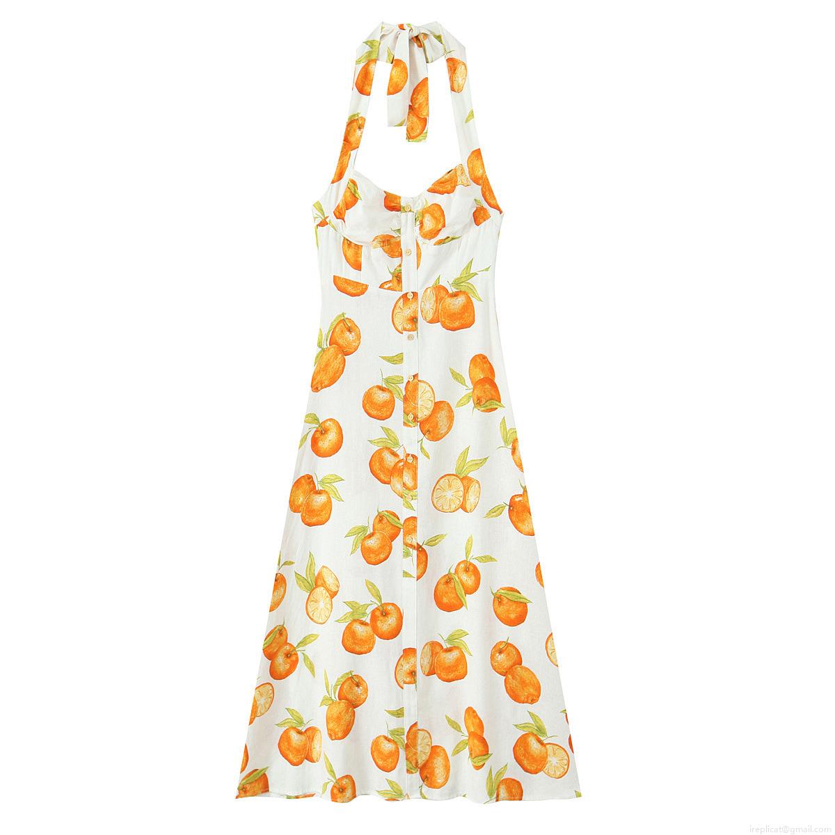 Women Summer Halter Neck Midi Dress Orange Citrus Fruit Print Polyester Backless Single Breasted Button Front Sundress For Vacation Party Streetwear Lady