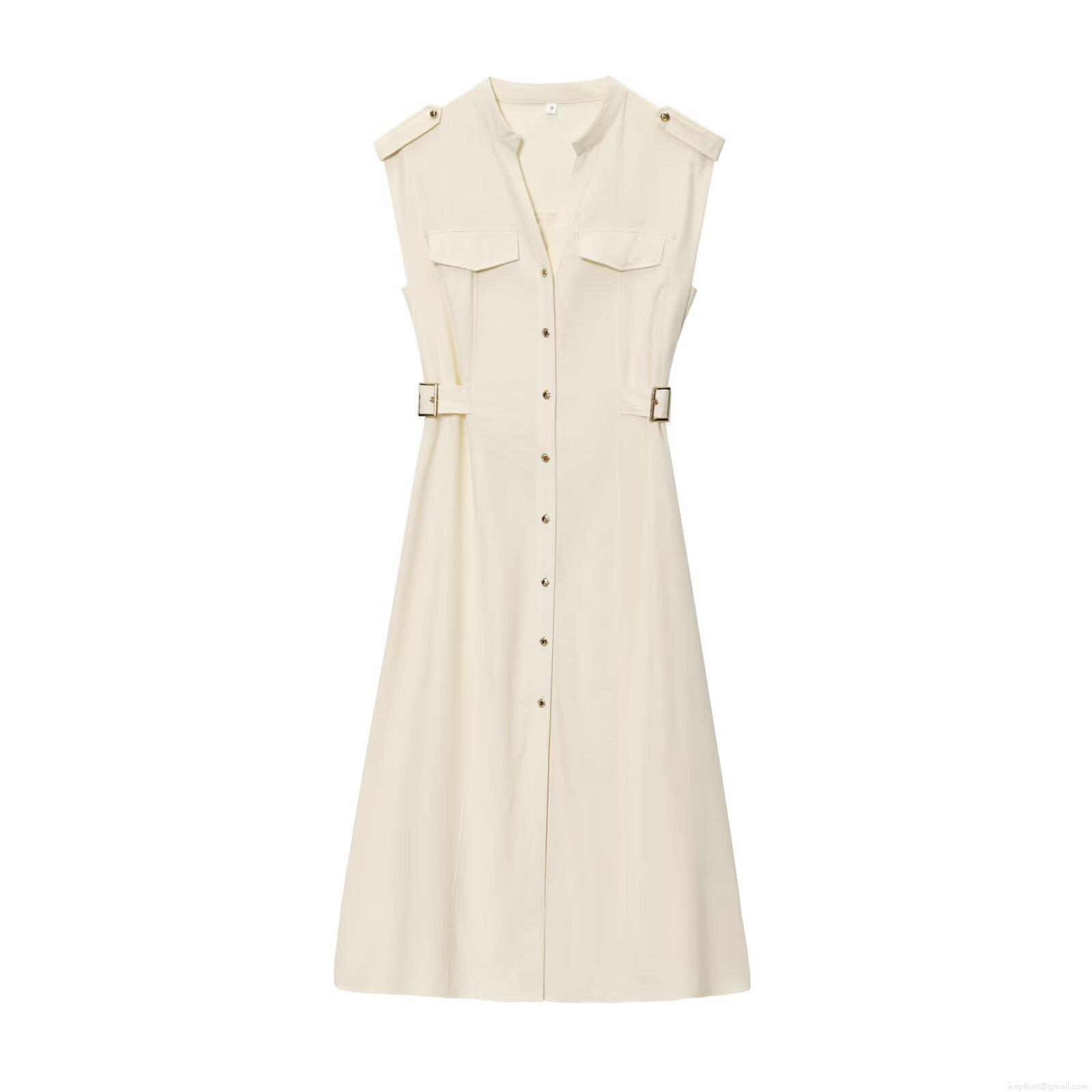 Women's V-Neck Sleeveless Button Down Midi Dress Elegant Off-White Waist-Tie Polyester Woven Dress For Ladies Streetwear Casual Party Women's V-Neck Sleeveless Button Down Midi Dress Elegant Off-White Waist-Tie Polyester Woven Dress For Ladies Streetwear Casual Party