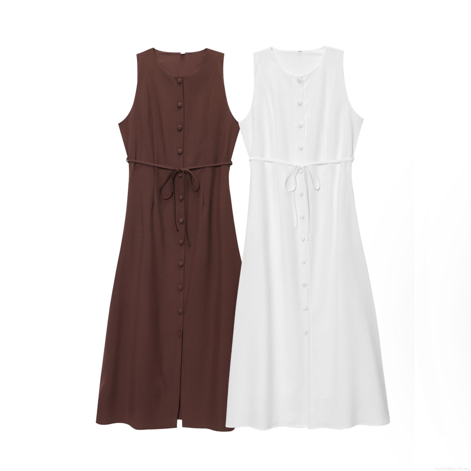 Women's Elegant Sleeveless Midi Dress Round Neck Button Down Solid Color Summer A-Line Dress With Waist Tie Belt Minimalist Streetwear Fashion Women's Elegant Sleeveless Midi Dress Round Neck Button Down Solid Color Summer A-Line Dress With Waist Tie Belt Minimalist Streetwear Fashion