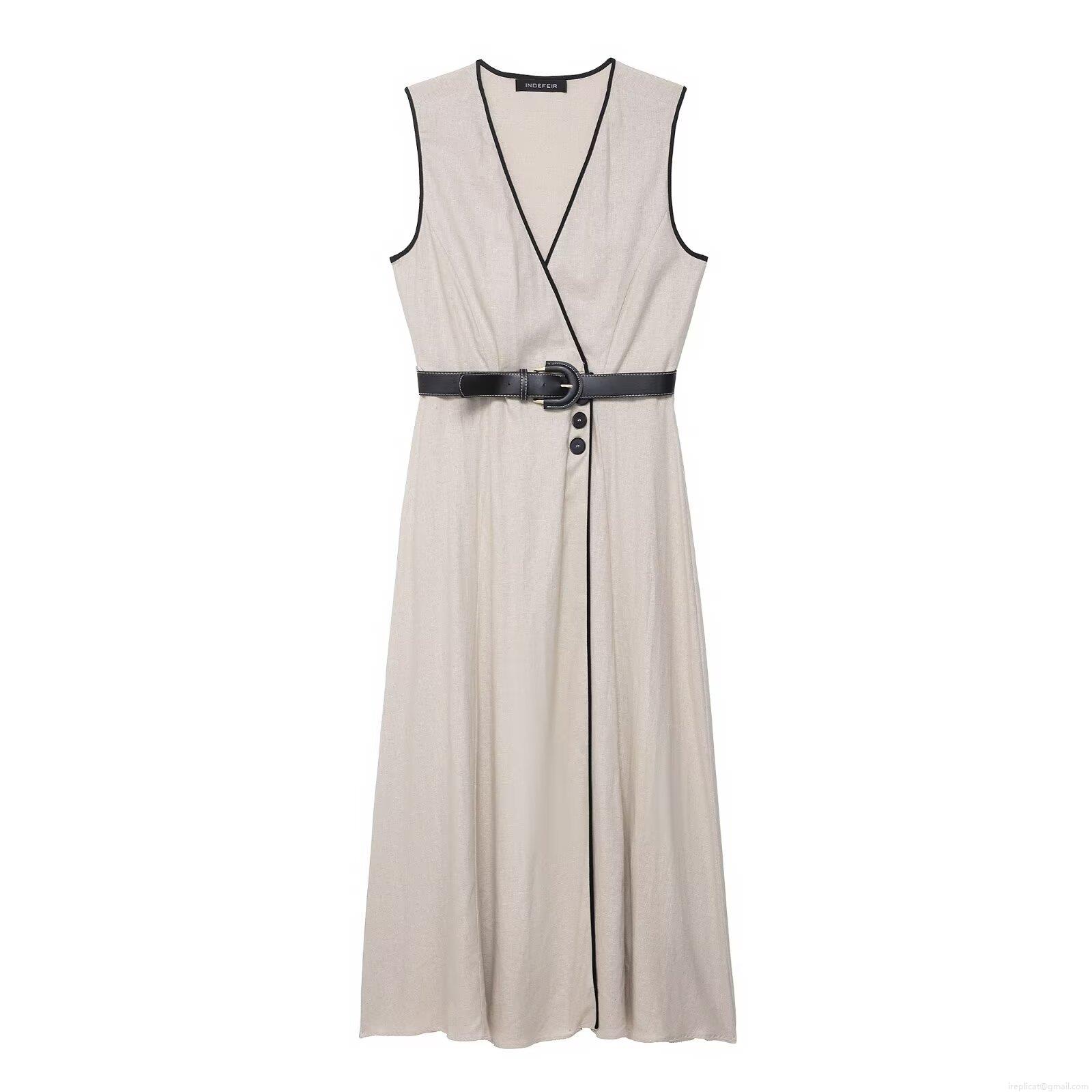 Women Sleeveless V-Neck Midi Dress With Belt Contrast Piping Elegant Solid Beige Polyester Summer Autumn Casual Streetwear Fashion Dress Women Sleeveless V-Neck Midi Dress With Belt Contrast Piping Elegant Solid Beige Polyester Summer Autumn Casual Streetwear Fashion Dress