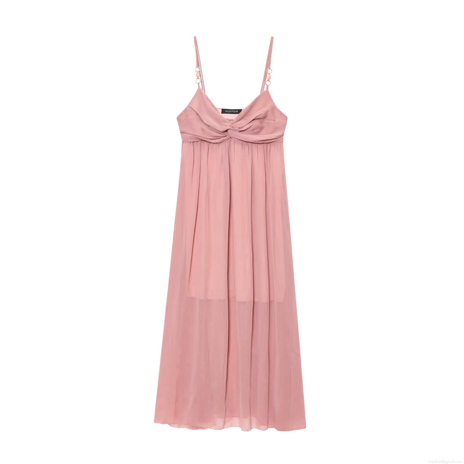 Sexy Women's Ruched Midi Cami Dress Polyester V-Neck Sleeveless Solid Color Elegant Party Vacation Streetwear Pink Dress With Metal Rings Decoration Sexy Women's Ruched Midi Cami Dress Polyester V-Neck Sleeveless Solid Color Elegant Party Vacation Streetwear Pink Dress With Metal Rings Decoration