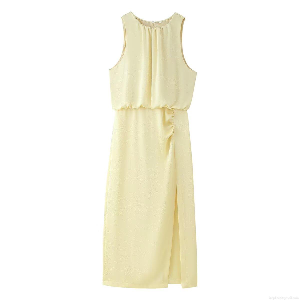 Women's Elegant Ruched Satin Texture Sleeveless Midi Dress Summer Autumn Solid Color Side Slit Round Neck Slim Fit Street Style Party Evening Dress Women's Elegant Ruched Satin Texture Sleeveless Midi Dress Summer Autumn Solid Color Side Slit Round Neck Slim Fit Street Style Party Evening Dress