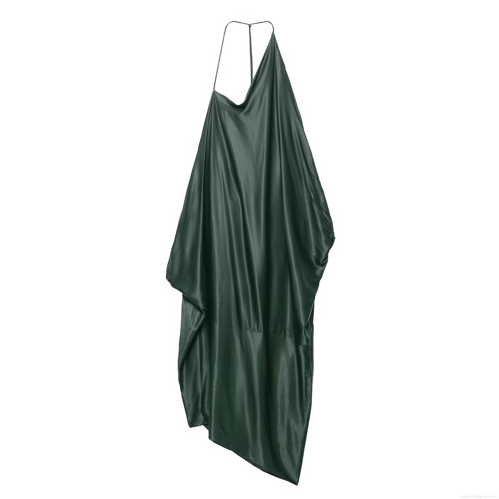 Women's Elegant Dark Green Satin Maxi Dress Asymmetrical Hem Cowl Neck Spaghetti Strap Backless Slip Dress For Evening Party Wedding Guest Fall Fashion