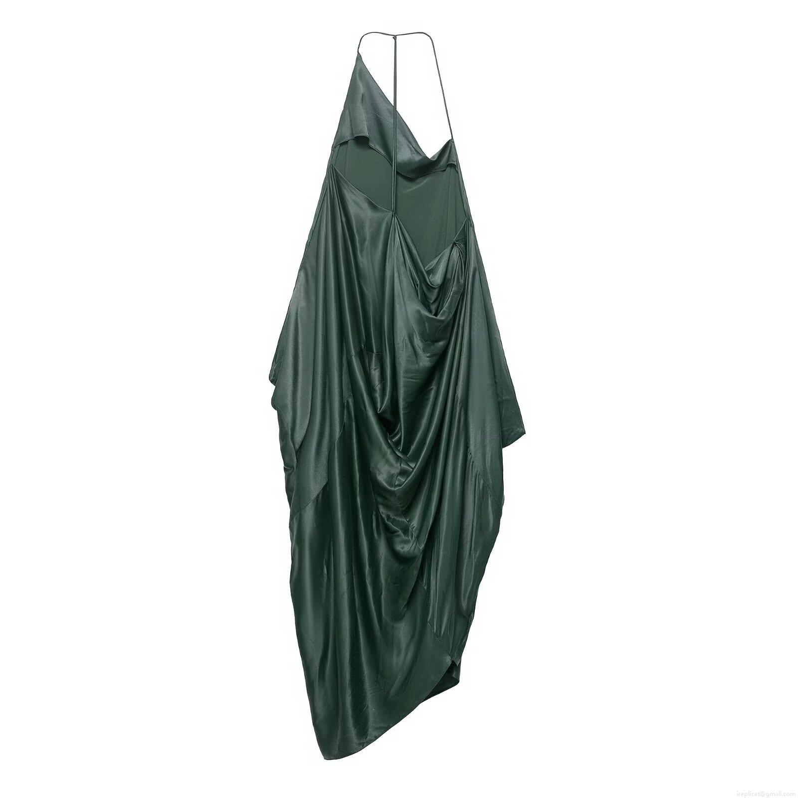 Women\'s Elegant Dark Green Satin Maxi Dress Asymmetrical Hem Cowl Neck Spaghetti Strap Backless Slip Dress For Evening Party Wedding Guest Fall Fashion