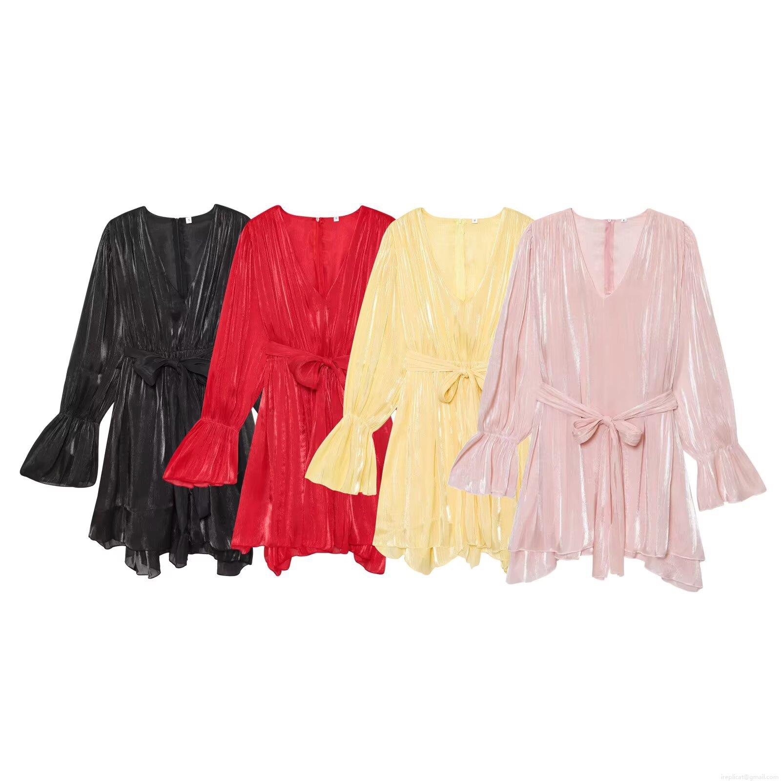 Women Deep V Neck Long Sleeve Pleated Dress Elegant Polyester Tie Waist Irregular Hem Flare Sleeve Party Cocktail Midi Dress For Women Women Deep V Neck Long Sleeve Pleated Dress Elegant Polyester Tie Waist Irregular Hem Flare Sleeve Party Cocktail Midi Dress For Women