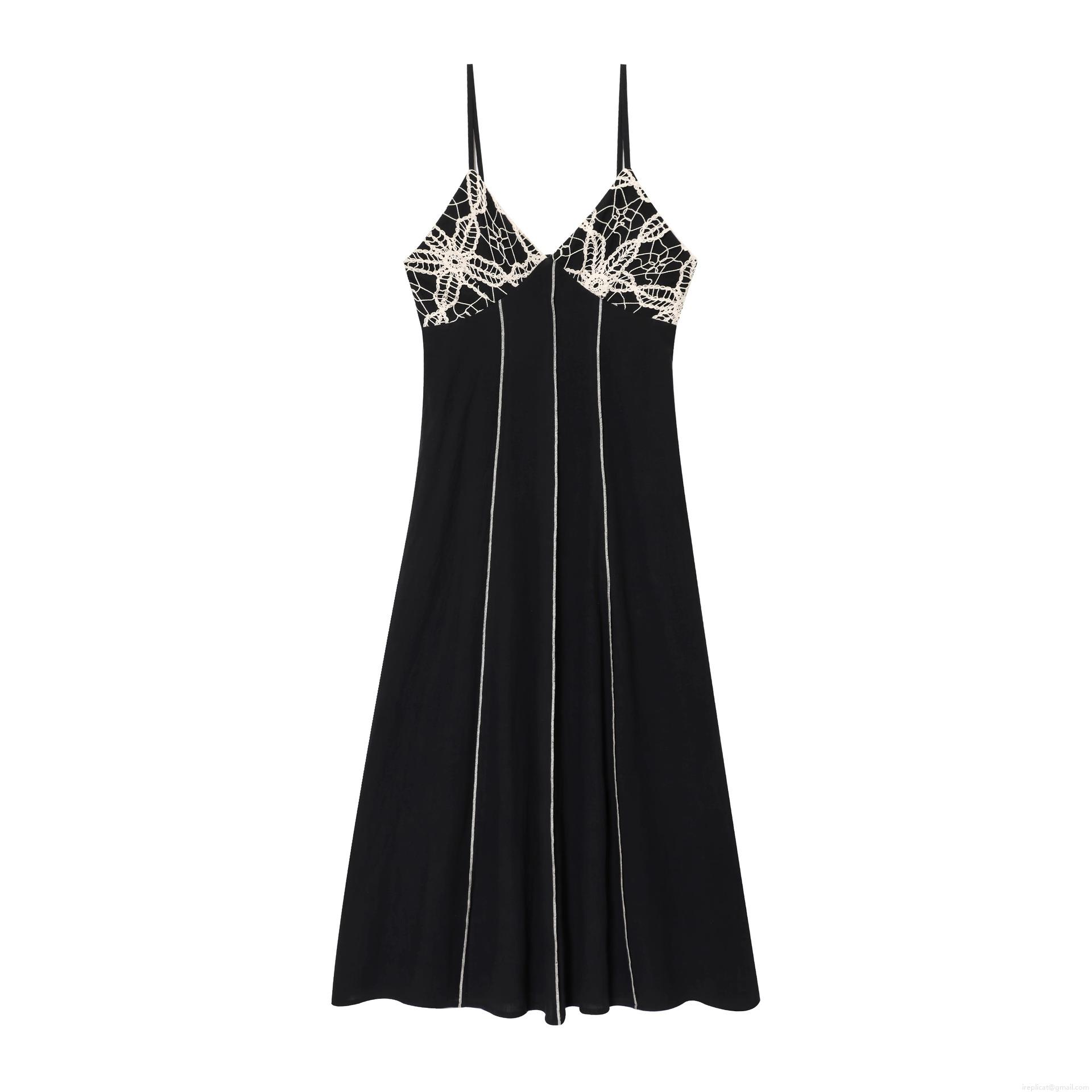 Women's Sexy Black Suspender Midi Dress With Beige Lace Embroidery V-Neck Contrast Stitching Street Style Polyester Long Dress For Autumn Women's Sexy Black Suspender Midi Dress With Beige Lace Embroidery V-Neck Contrast Stitching Street Style Polyester Long Dress For Autumn